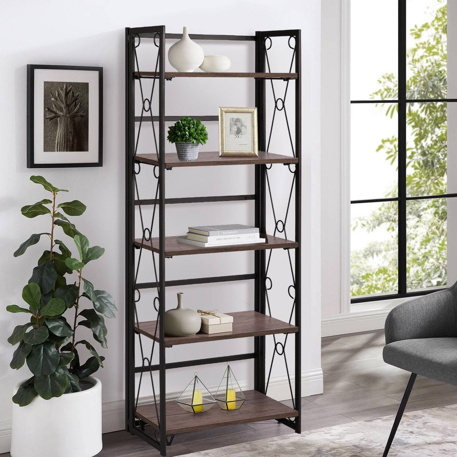 Back. Vecelo - 5-Tier No Assembly Folding Bookshelf - Sturdy Metal Frame, Display Stand Shelves, Space-Saving Storage for Home & Office - Carbon gray.