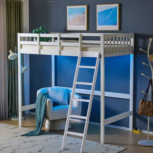 Alt View 8. Winado - Twin Size Wood Loft Bed Frame Solid Safety Guardrail with RGB LED 2 Charging Station for Adults Kids Teens Junior - White.