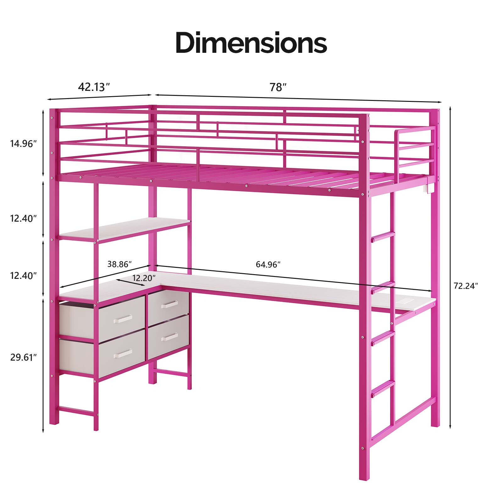 Dimensions: 42.13" x 78" x 14.96" x 12.40" x 12.40" x 38.86" x 12.20" x 64.96" x 72.24" x 29.61"