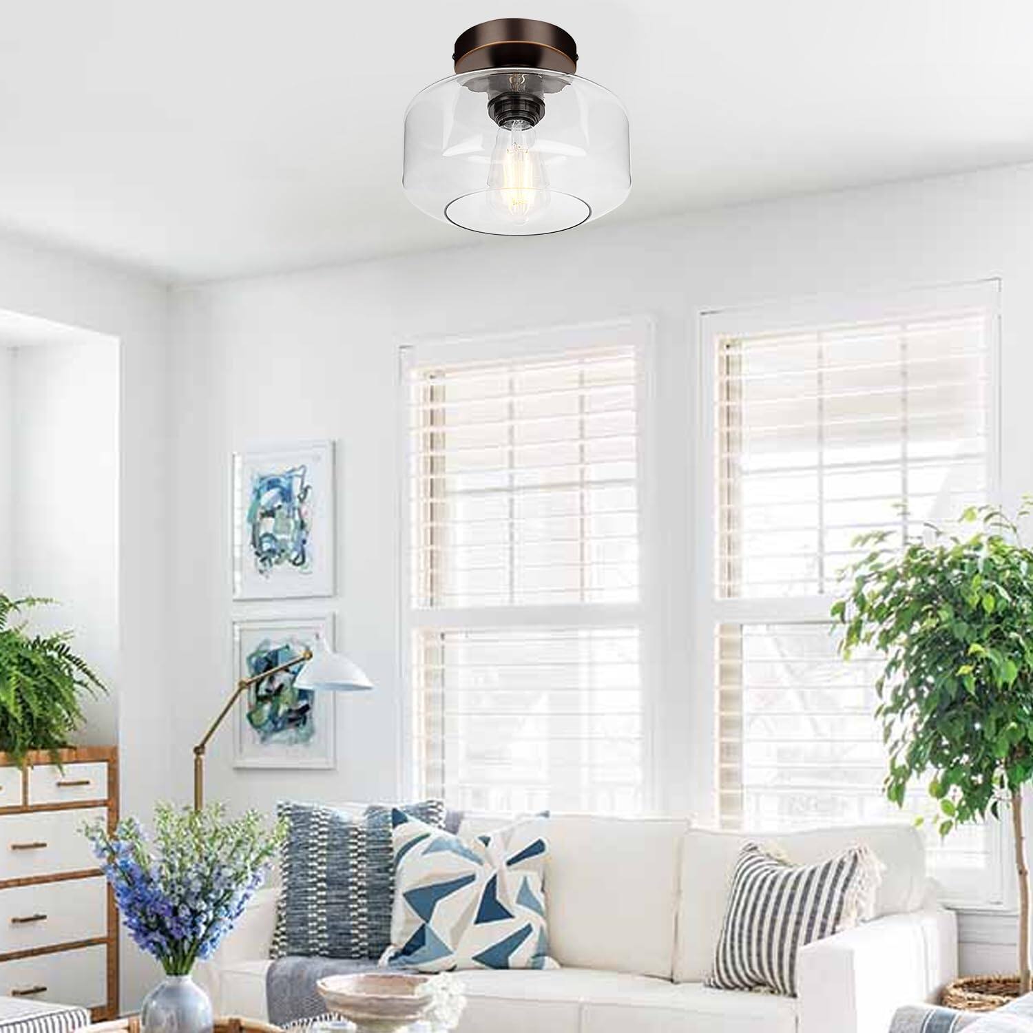 Alt View 6. Earthley Blooms - Industrial Semi Flush Mount Ceiling Light Oil Rubbed Bronze Lumen Led Bulb Included Clear Glass Shade Fixtu - Seeded Glass (Includes $12 bulb, 2700K, 800LM).