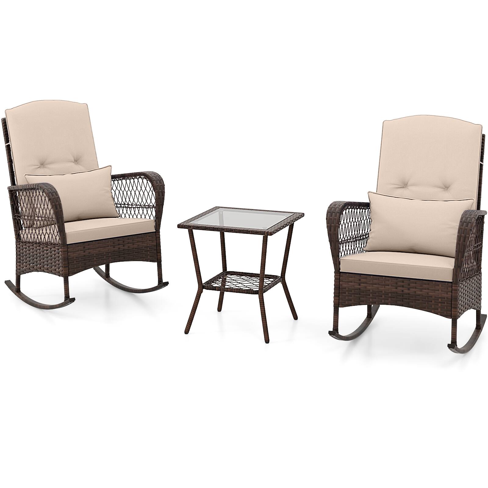 Alt View 9. Gymax - Gymax 3 Pieces Rocking Bistro Set PE Rattan Rocking Chairs w/ 2-Tier Coffee Table Mix Brown - Mix Brown, Beige.