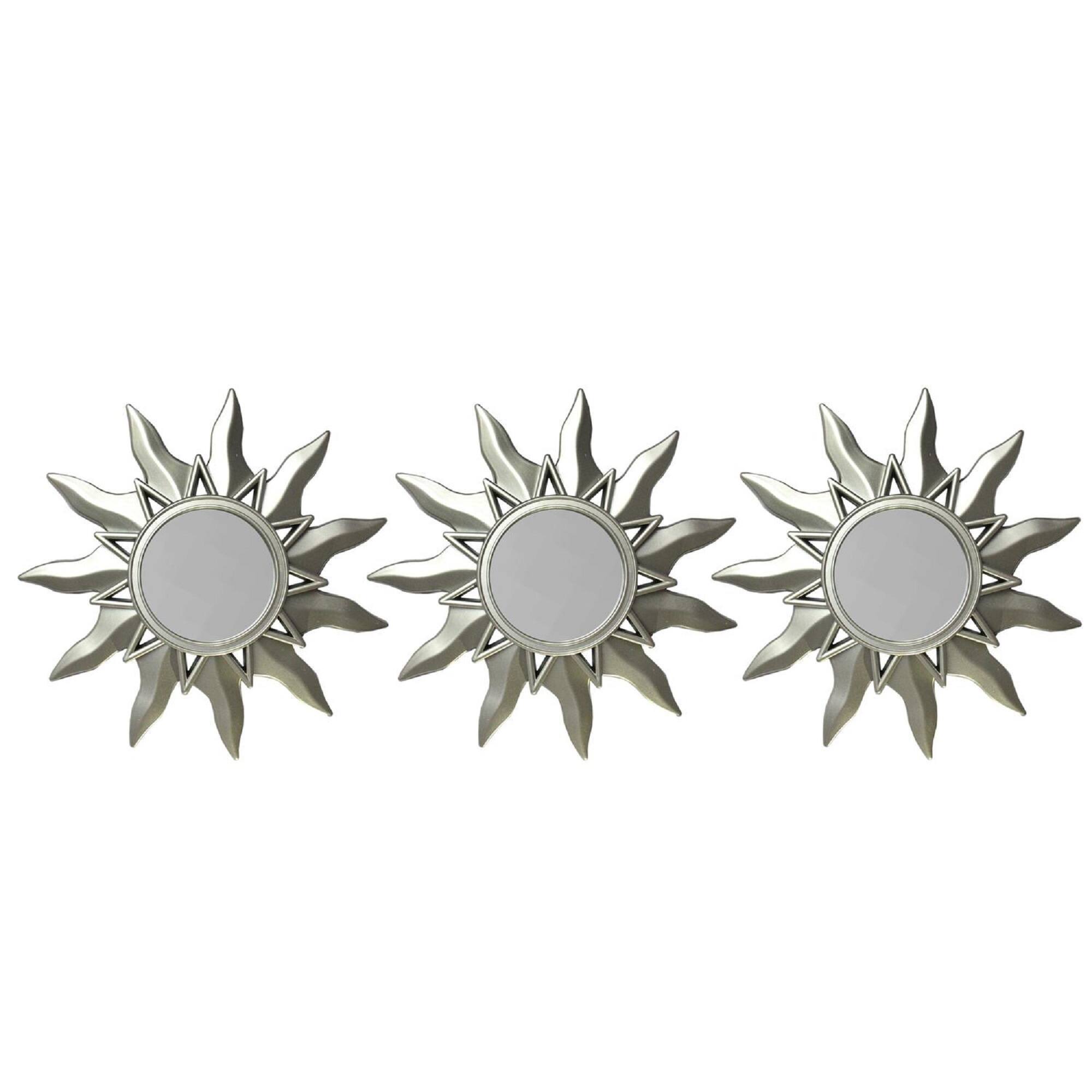 Front. Northlight - Set of 3 Mayan Sunburst Matte Silver Round Mirrors 9.5" - Gray.