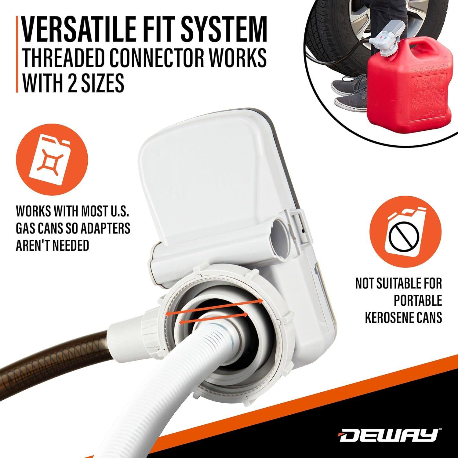 VERSATILE FIT SYSTEM  
THREADED CONNECTOR WORKS WITH 2 SIZES  

WORKS WITH MOST U.S. GAS CANS SO ADAPTERS AREN'T NEEDED  

NOT SUITABLE FOR PORTABLE KEROSENE CANS  

DEWAY