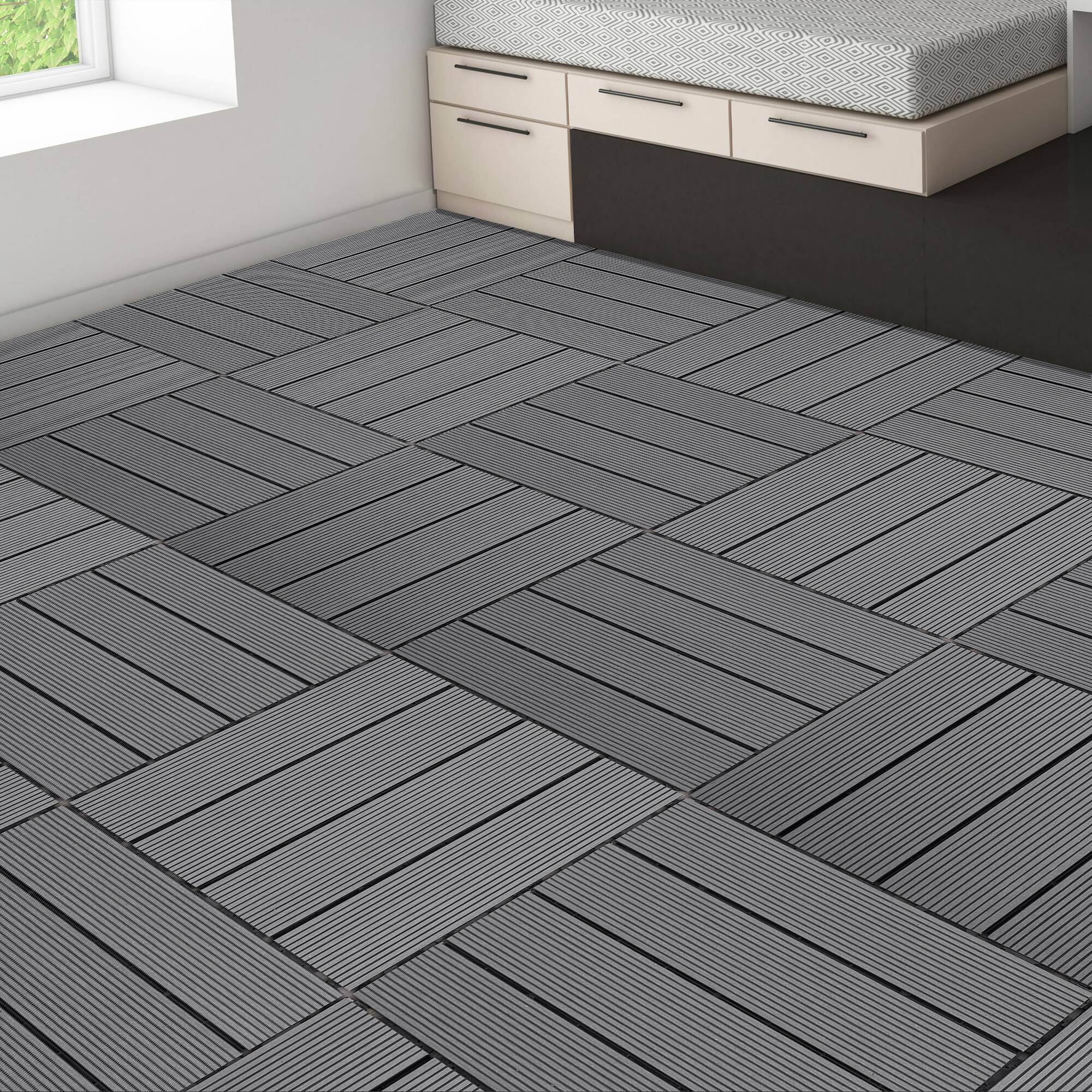 Angle. GOODSILO - Heavy-Duty Interlocking Deck Tiles - 9 PCS Wood-Plastic Composite Outdoor/Indoor Flooring 11.8" x 11.8" - Gray.