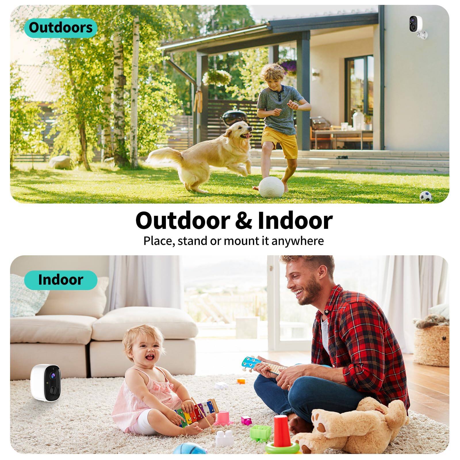 Outdoors  
Outdoor & Indoor  
Place, stand or mount it anywhere  

Indoor