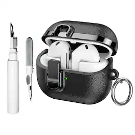 Dteck - Slim Faux Leather Texture Case for Samsung Galaxy Buds 3 / 3 Pro / 3 FE,Shockproof TPU Cover w/ Secure Lock & Carabiner - Black