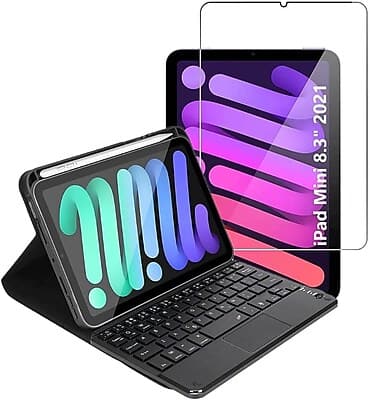 SaharaCase - iPad mini A17 Pro & 6th Generation 2021 Protection Bundle, Keyboard Folio Case with Tempered Glass - Black