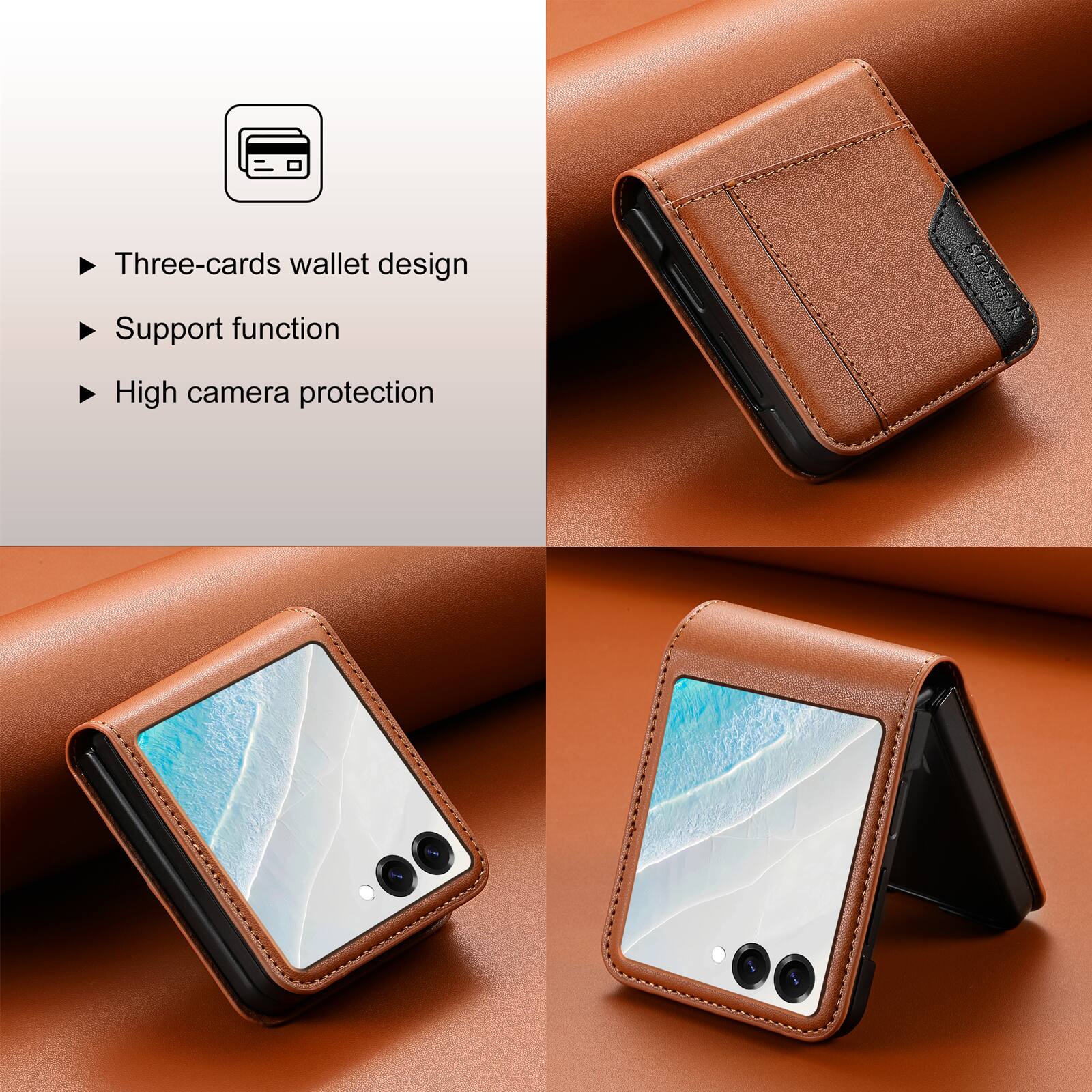Three-cards wallet design  
Support function  
High camera protection