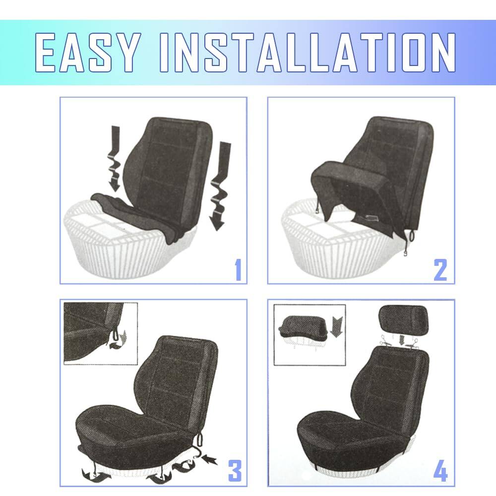 EASY INSTALLATION

1. Place the seat cover over the seat.
2. Adjust the seat cover to fit snugly.
3. Secure the seat cover with the straps.
4. Attach the headrest cover.
