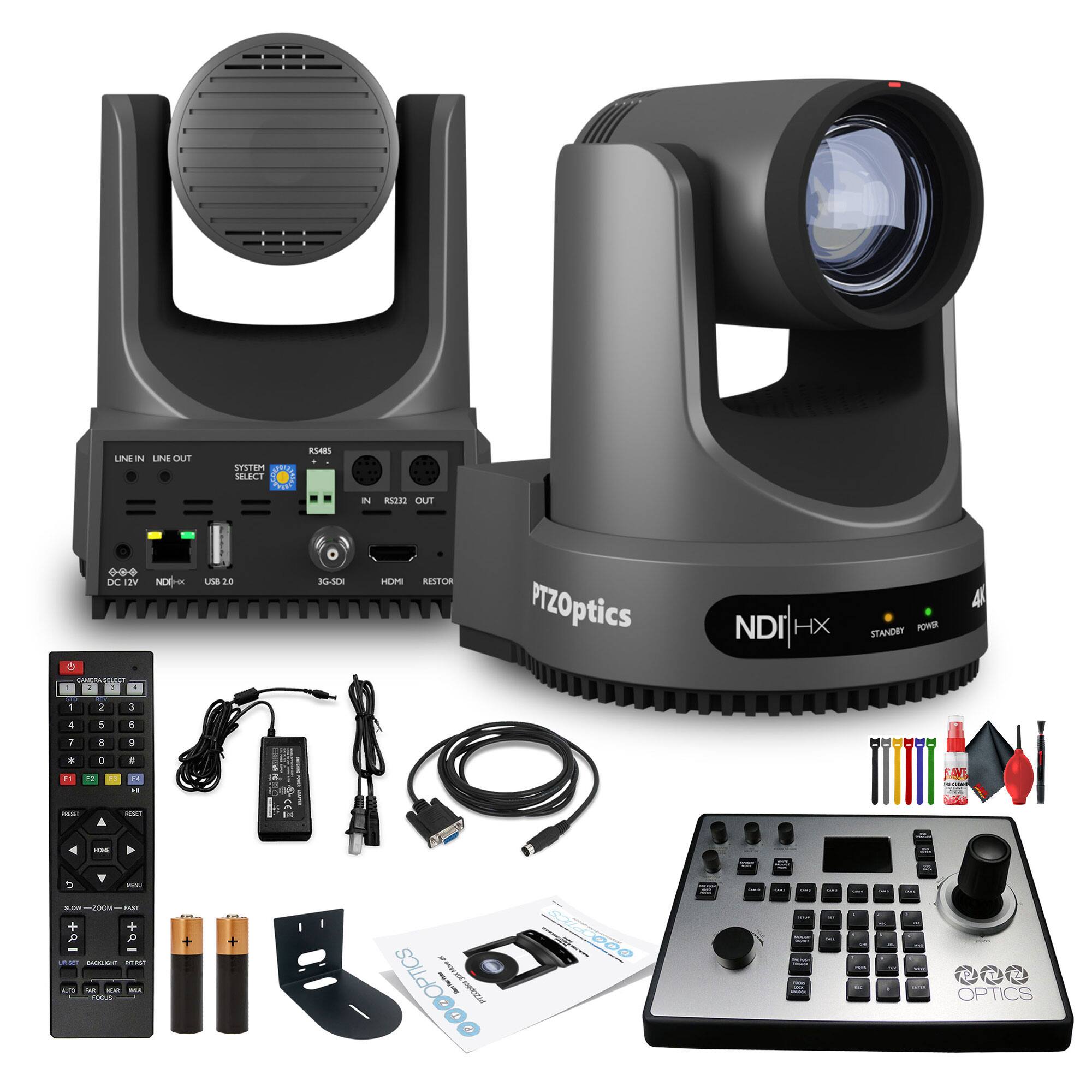 Sure, here is the corrected and grouped text from the image:

**Main Device:**
- LINE IN LINE OUT
- SYSTEM SELECT
- RS485
- RS232 IN OUT
- DC 12V
- NDI K22
- USB 2.0
- 3G-SDI
- HDMI
- RESTOR

**Camera:**
- PTZOptics
- NDI|HX
- STANDBY POWER

**Remote Control:**
- SYSTEM SELECT
- 1 2 3
- 4 5 6
- 7 8 9
- 0
- POWER
- MENU
- RESET
- HOME
- MENU
- SLOW ZOOM FAST
- UP
- DOWN
- LEFT
- RIGHT
- IR CUT
- BACKLIGHT
- RGB
- WHITE BALANCE
- FOCUS
- PANTILT
- PTZ
- OPTICS

**Accessories:**
- USB Cable
- Power Adapter
- HDMI Cable
- SDI Cable
- Batteries
- Screws
- Screws
- Screws
- Screws
- Screws
- Screws
-