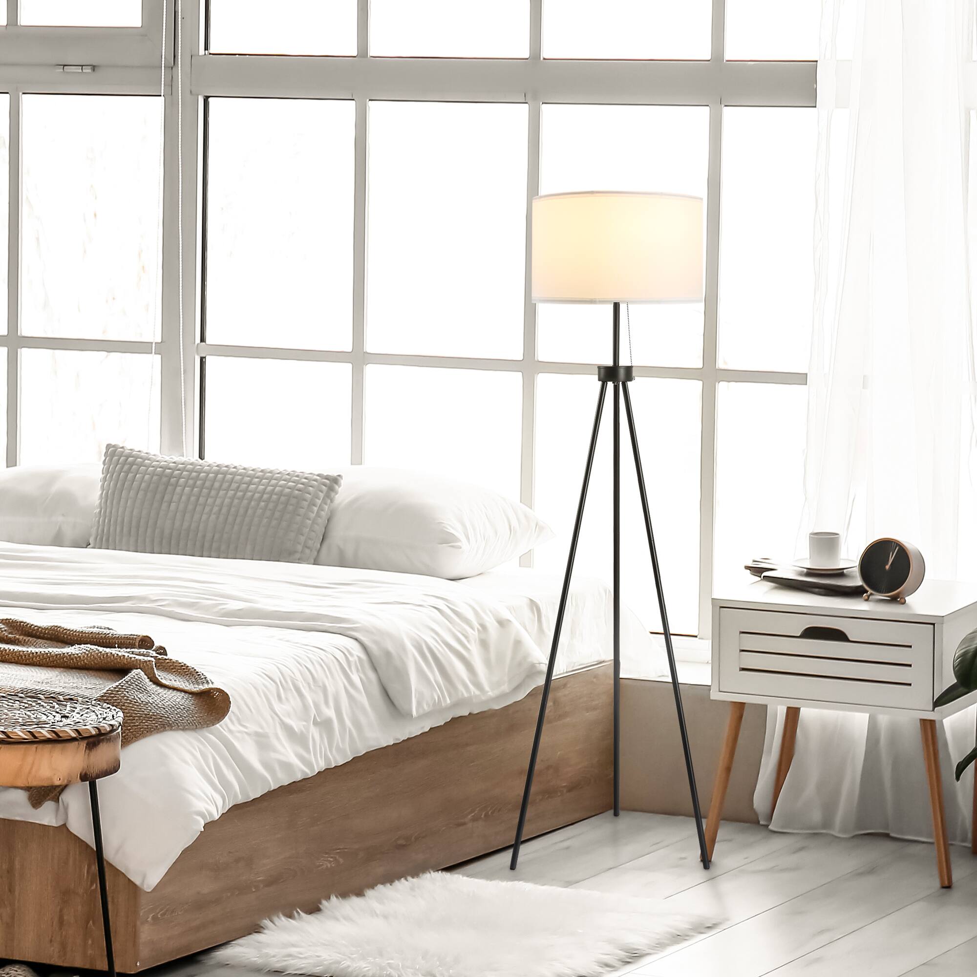 Alt View 1. Homcom - 59.75" Tripod Floor Lamp with Pull Chain Standing, Fabric Lampshade E26 Lamp Holder Steel for Living Room, Bedroom - white.