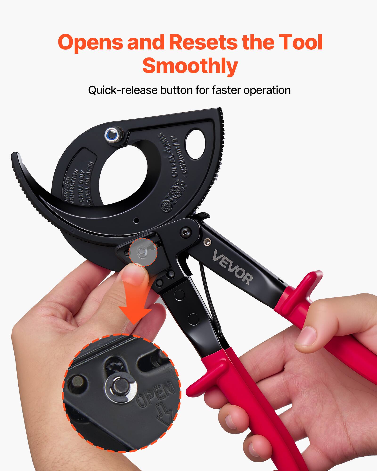 Opens and Resets the Tool Smoothly  
Quick-release button for faster operation