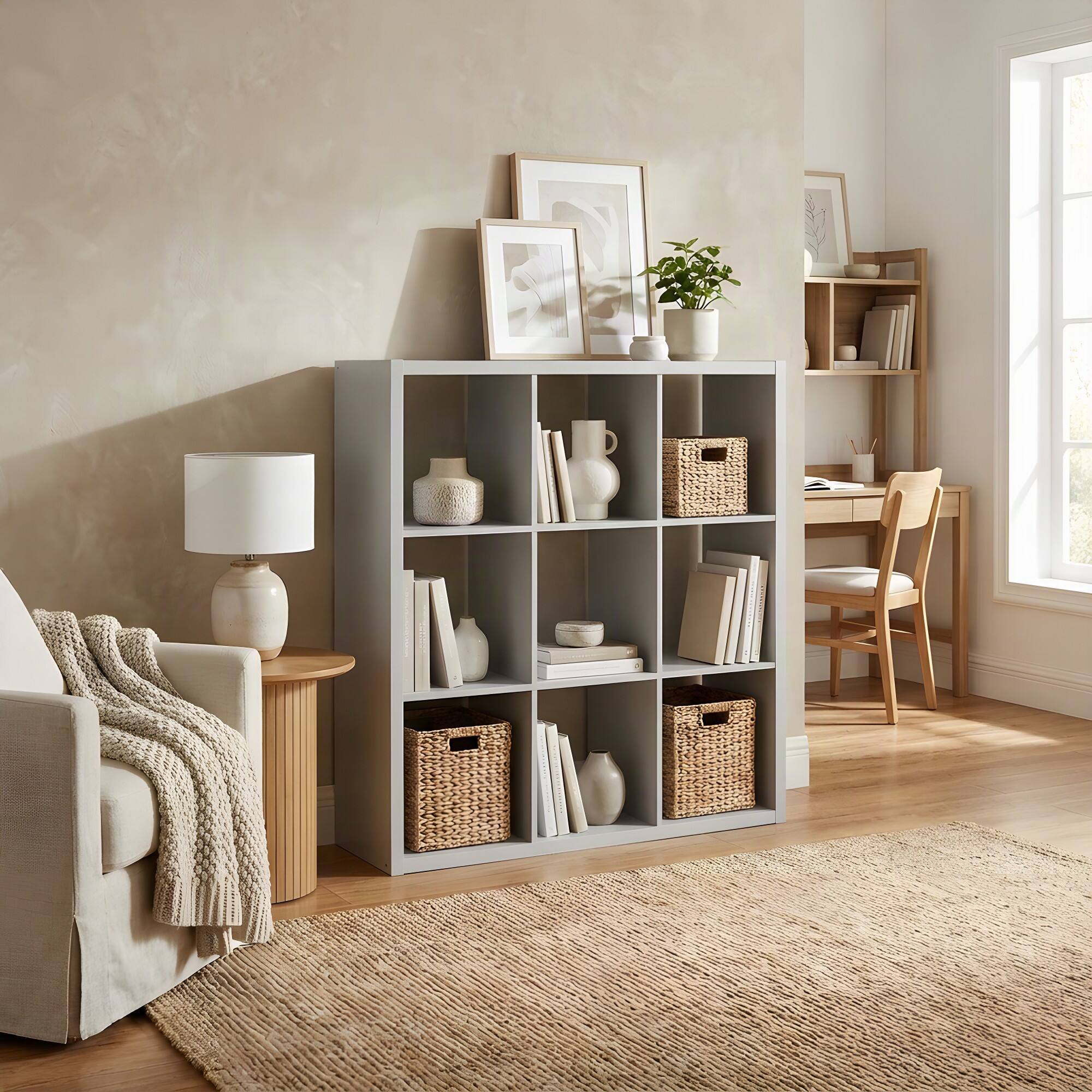 Left. FurniFact - Engineered Wood 9-Cube Storage Organizer and Open-Back Bookcase Shelving - Light Grey.