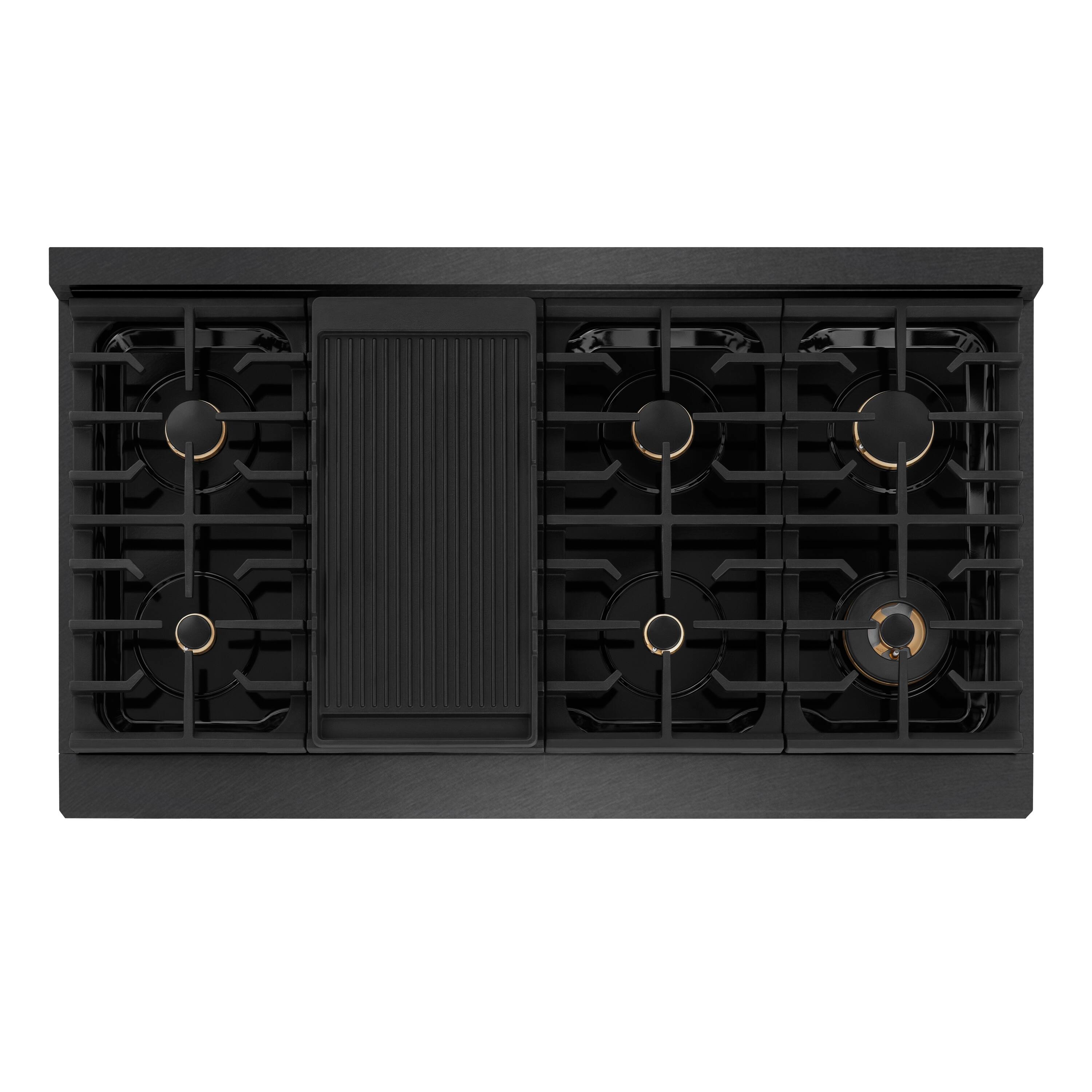 Angle. ZLINE - ZLINE 48 in. Paramount Gas Rangetop with 8 Brass Burners and Porcelain Cooktop in Black Satin Steel (SRTBS-BR-48) - Black Satin Stainless Steel.