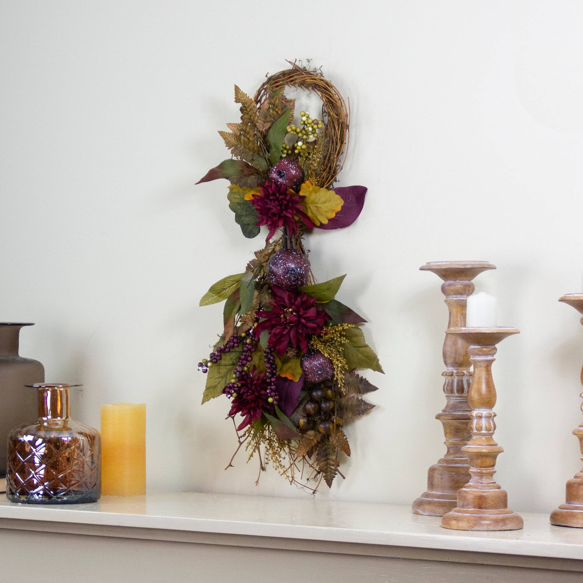 Alt View 1. Northlight - Mums and Pomegranate Fall Harvest Grapevine Twig Teardrop Swag - 28" - Red.