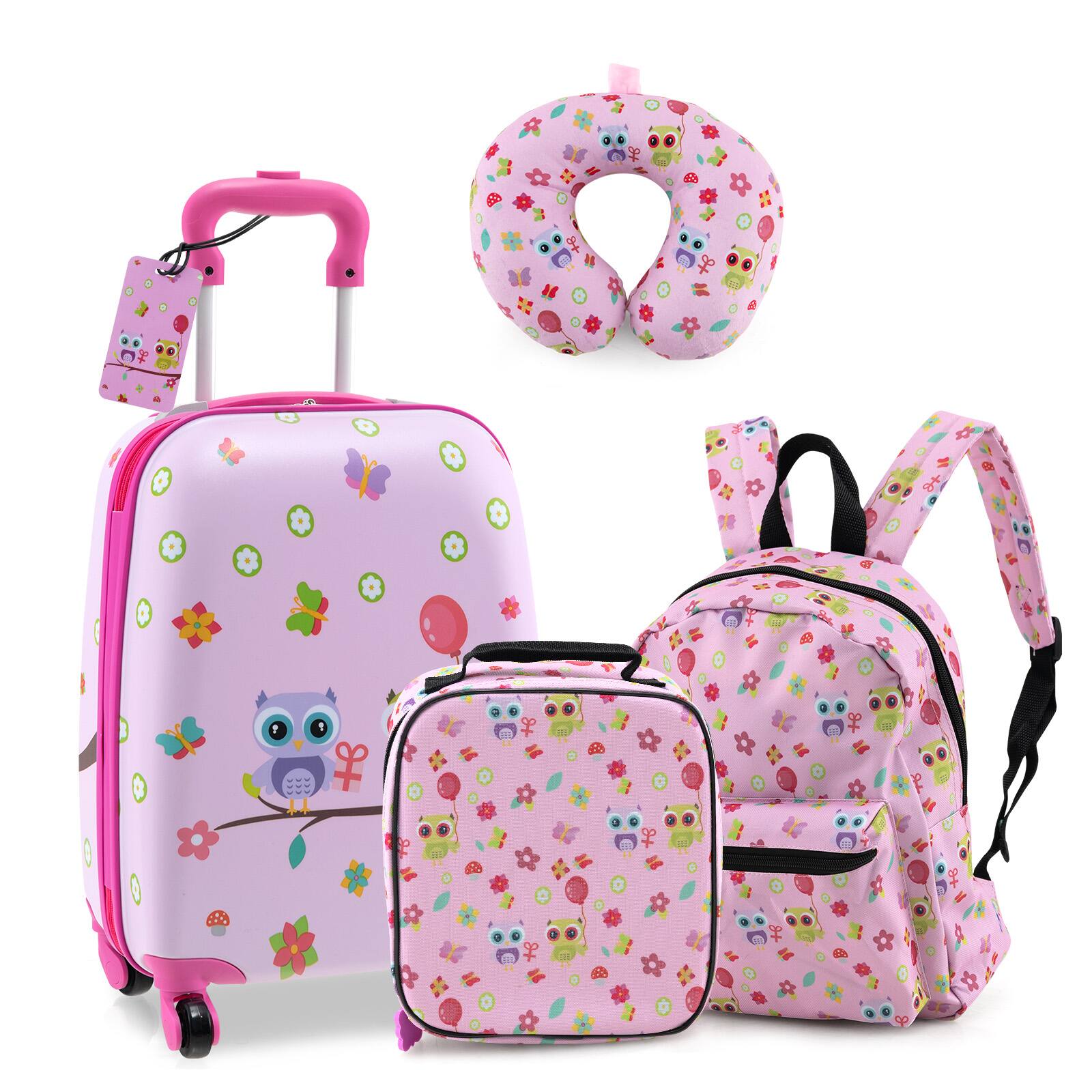 Front. Ecooso - 5-Piece Kids Luggage Set, Rolling Suitcase + Backpack + Lunch Bag + Neck Pillow + Name Tag - Pink.