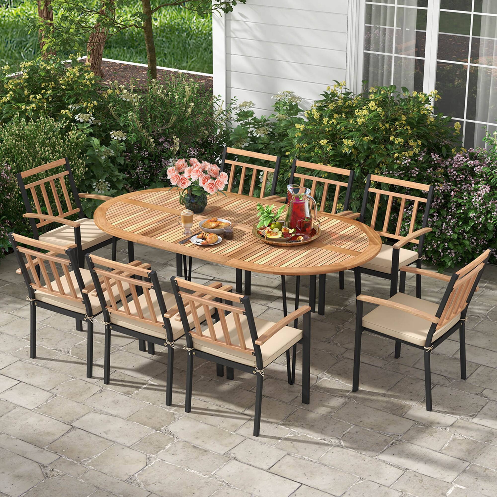 Alt View 1. Costway - Costway 9 Pieces Outdoor Dining Set with Acacia Wood Top & Umbrella Hole Metal Frame - Natural,Black.