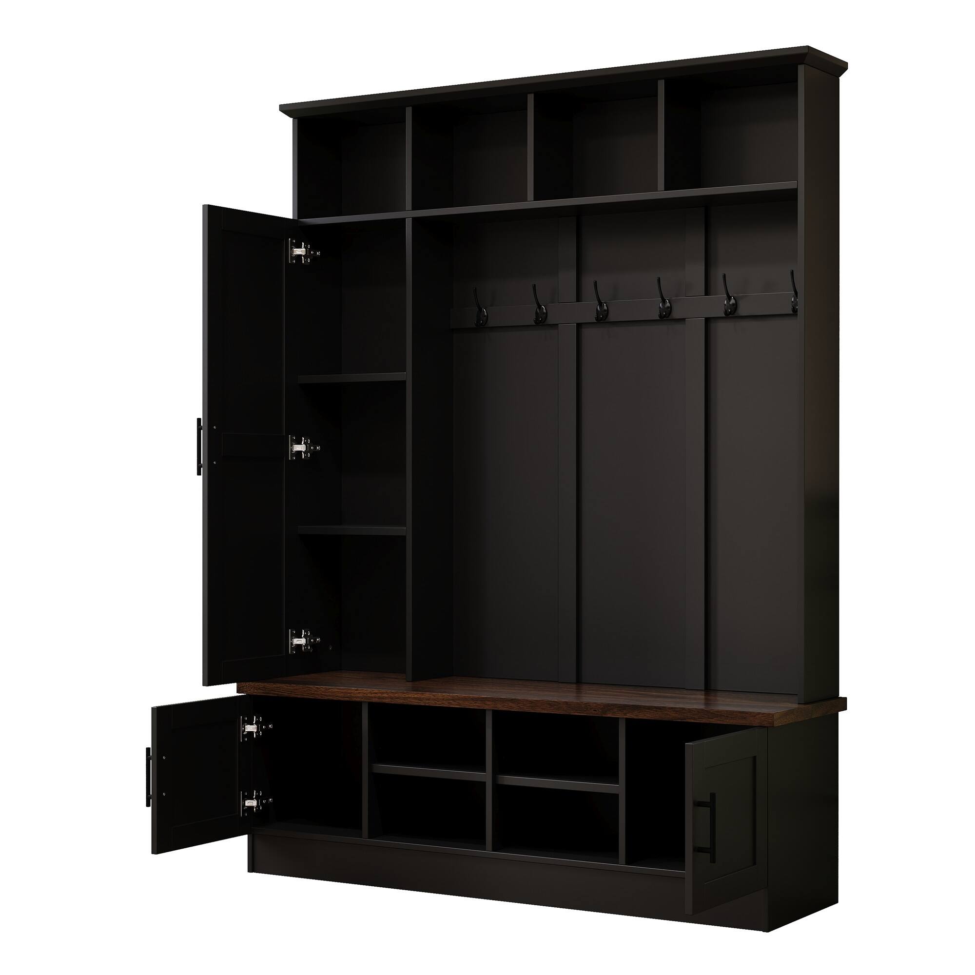 Back. Whisen - 3-in-1 Hall Tree,Entryway Coat Rack with Storage Bench,6 Hooks and Adjustable Shelves - Black.