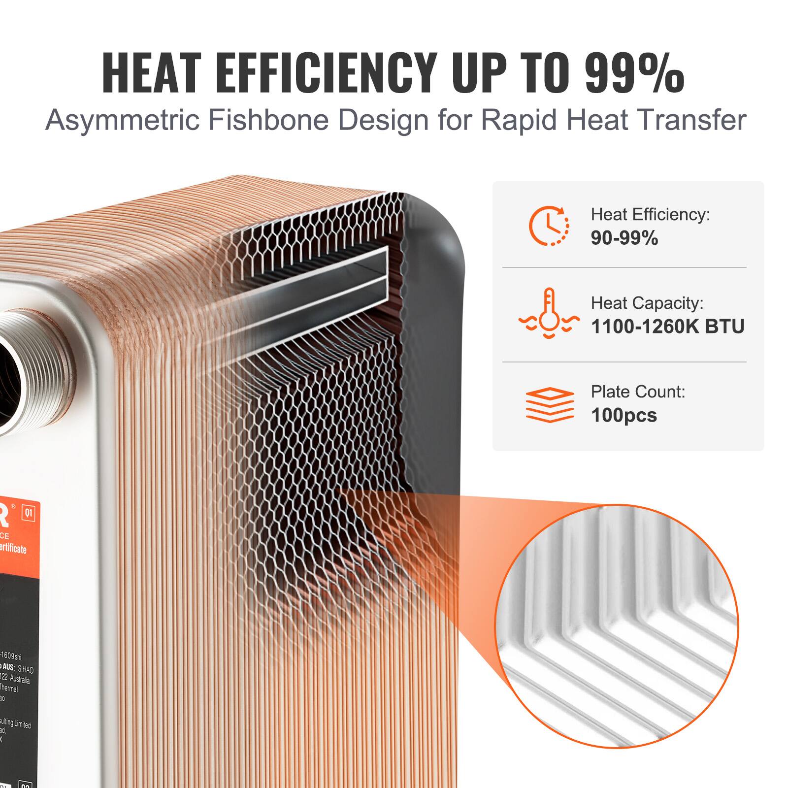 HEAT EFFICIENCY UP TO 99%  
Asymmetric Fishbone Design for Rapid Heat Transfer  

Heat Efficiency: 90-99%  
Heat Capacity: 1100-1260K BTU  
Plate Count: 100pcs  

i R DI CE Certificate 18099  
SHAO  
Australia  
hemnal  
uring Limited