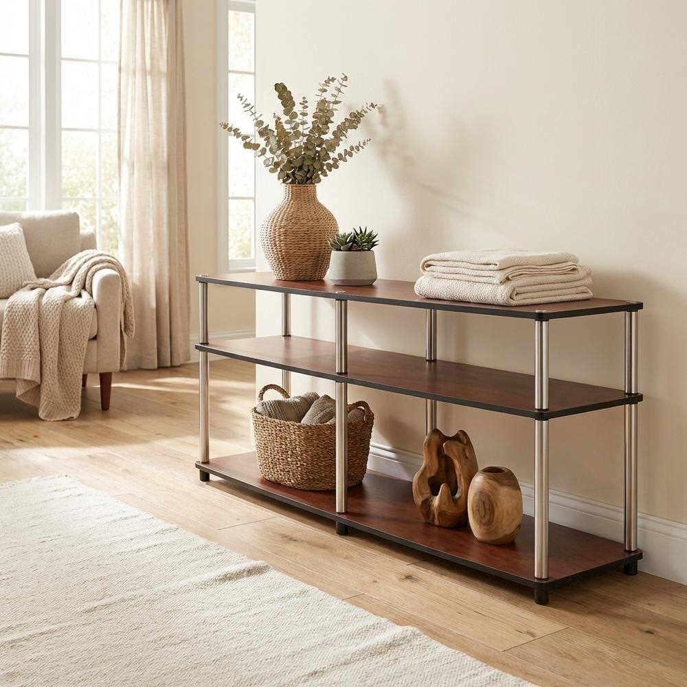 Alt View 2. FurniFact - Cherry 3-tier TV stand, sturdy particle board construction, stainless steel - Brown.