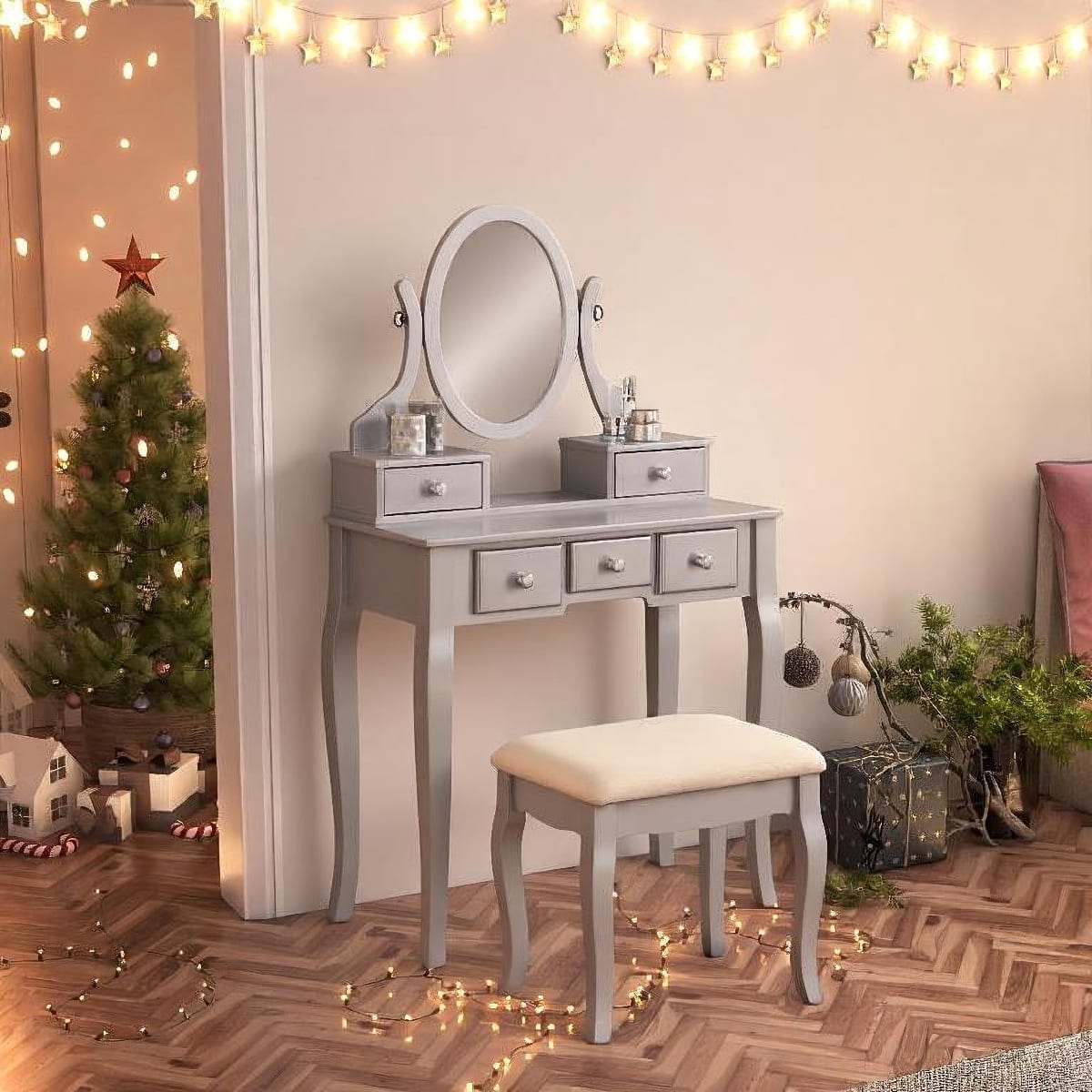 Loheer - Wood Makeup Vanity Table with Stool, Adjustable Swivel Mirror - Silver