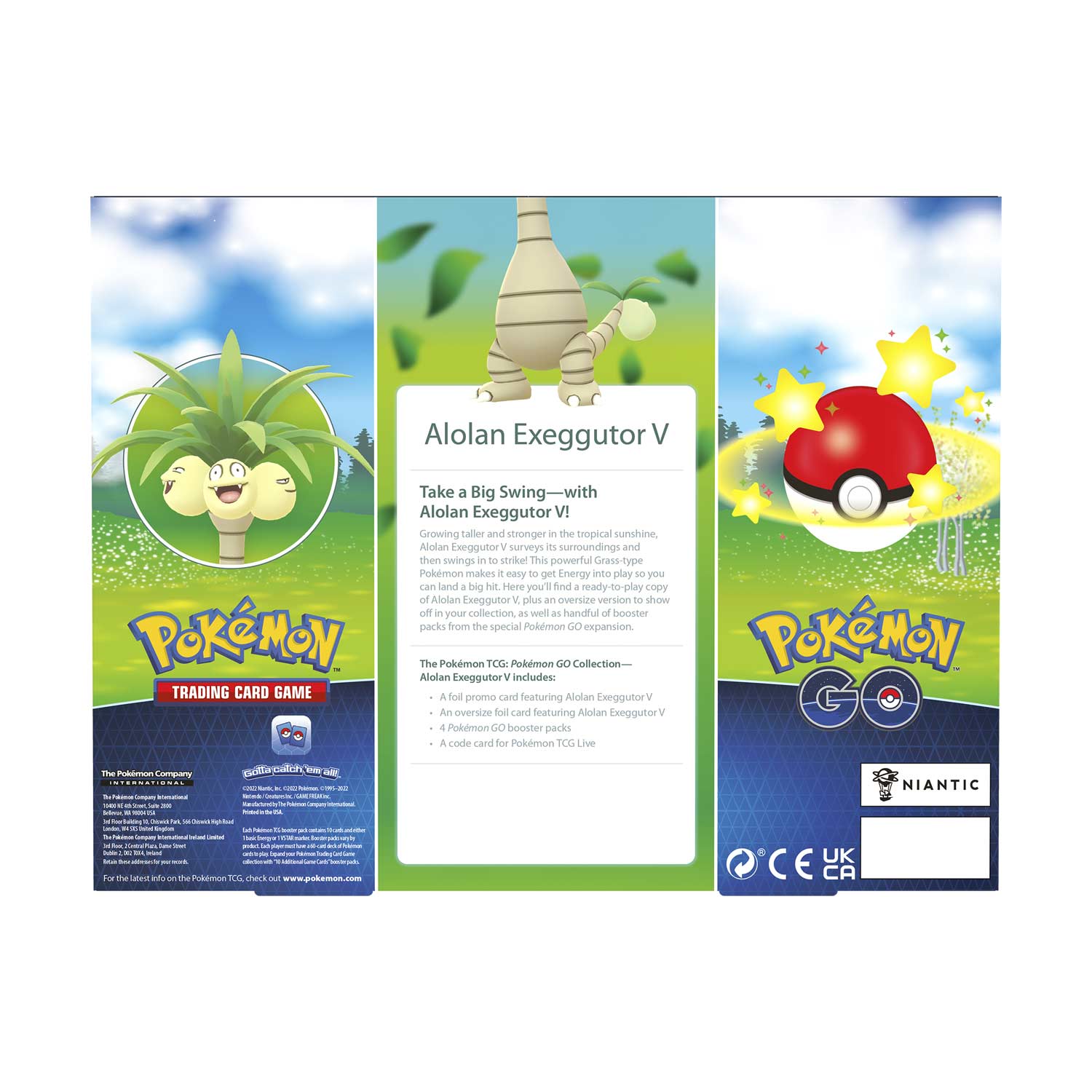 **Alolan Exeggutor V**

Take a Big Swing—with Alolan Exeggutor V!

Growing taller and stronger in the tropical sunshine, Alolan Exeggutor V surveys its surroundings and takes a big swing! This powerful Grass-type Pokémon makes it easy to get Energy into play so you can land a big hit. Here you'll find a ready-to-play copy of Alolan Exeggutor V plus an oversize version to show off in your collection, as well as a handful of booster packs from the special Pokémon GO expansion, Pokémon TCG: Pokémon GO Collection.

**The Pokémon TCG: Pokémon GO Collection—Alolan Exeggutor V Includes:**

- A foil promo card featuring Alolan Exeggutor V
- An oversize foil card featuring Alolan Exeggutor V
- 4 Pokémon GO booster packs
- A code card for Pokémon TCG Live

**The Pokémon Company - Niantic**

---

**Pokémon Trading Card Game**

**Pokémon GO**

**Niantic**

---

**CE UK**

---

**The Pokémon Company International**

©2019 Pokémon. ©1995-2019 Nintendo/Creatures Inc./GAME FREAK inc. TM, ®, Pokémon logo are trademarks of