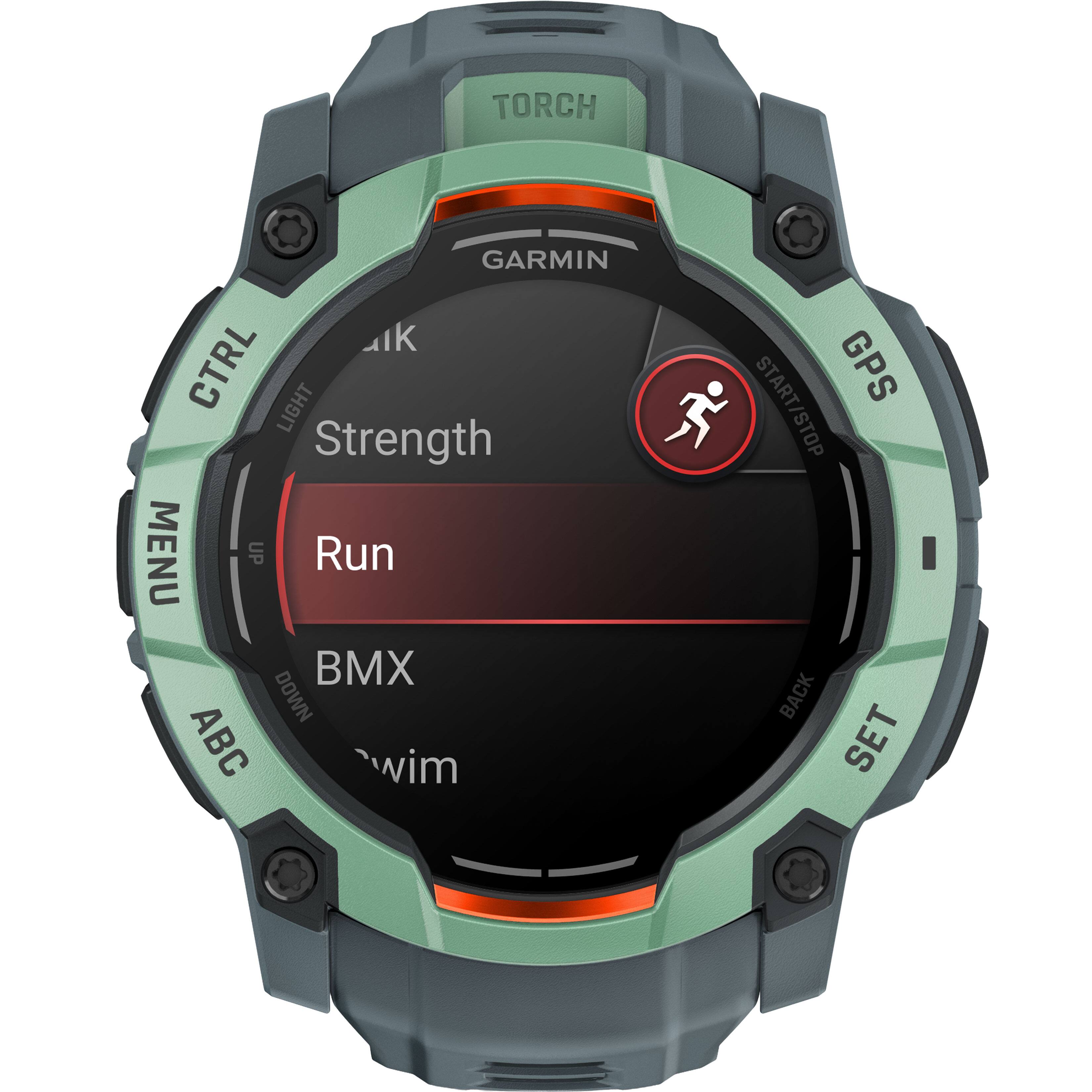 The text on the image is grouped and corrected as follows:

1. Torch Garmin: This is the brand of the watch.
2. Ik CTRL LIGHT: This is a function of the watch.
3. Start/Stop: This is another function of the watch.
4. GPS Strength: This is a setting on the watch.
5. Menu: This is another function of the watch.
6. Up/Down/Back: These are buttons on the watch.
7. ABC: This is another function of the watch.
8. Wim: This is a function of the watch.
9. Set: This is another function of the watch.