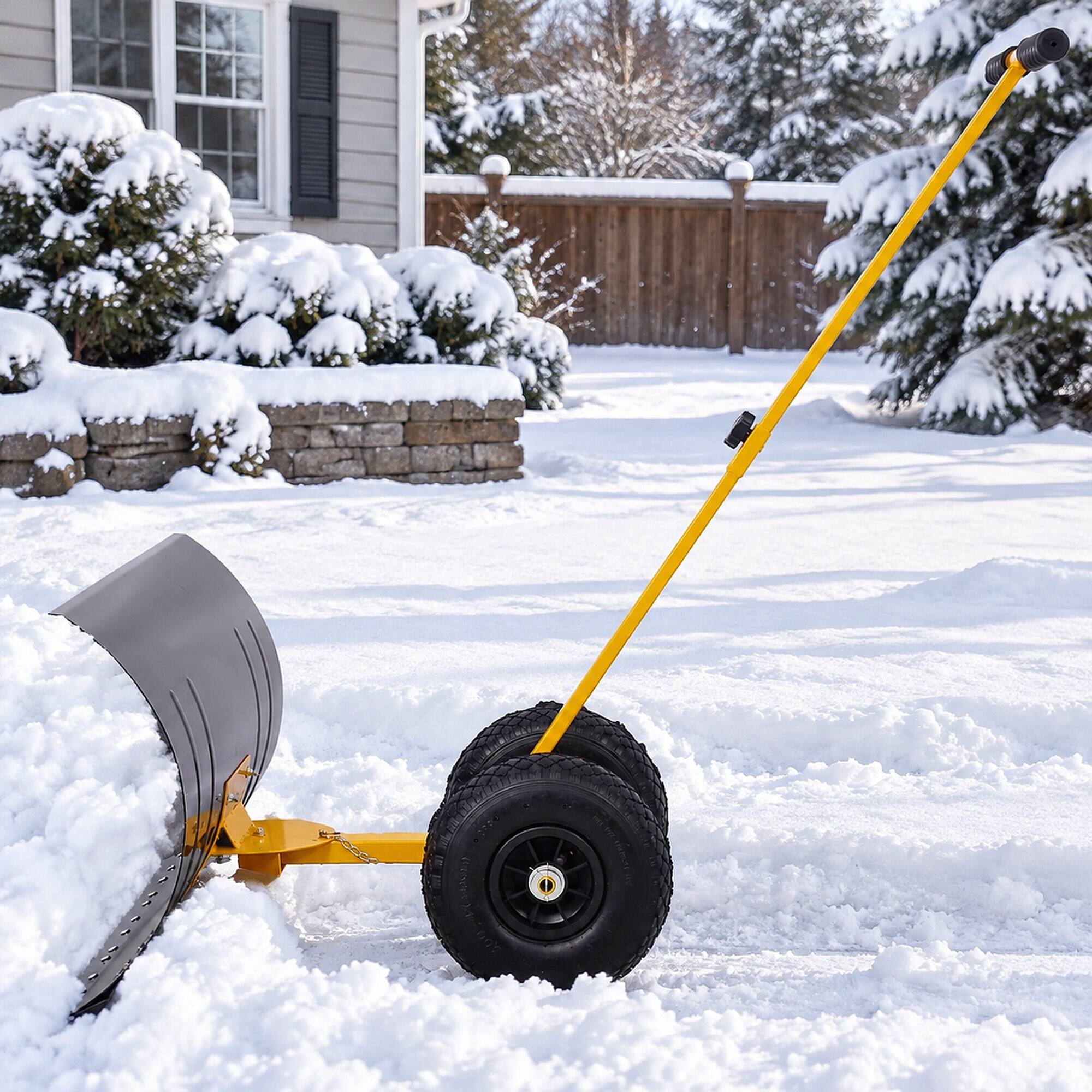 Alt View 2. RYHNUYNE - Snow Shovel with Wheels, 29 in Blade, 10 in Rubber Wheels, Adjustable Handle, Yellow - Yellow.