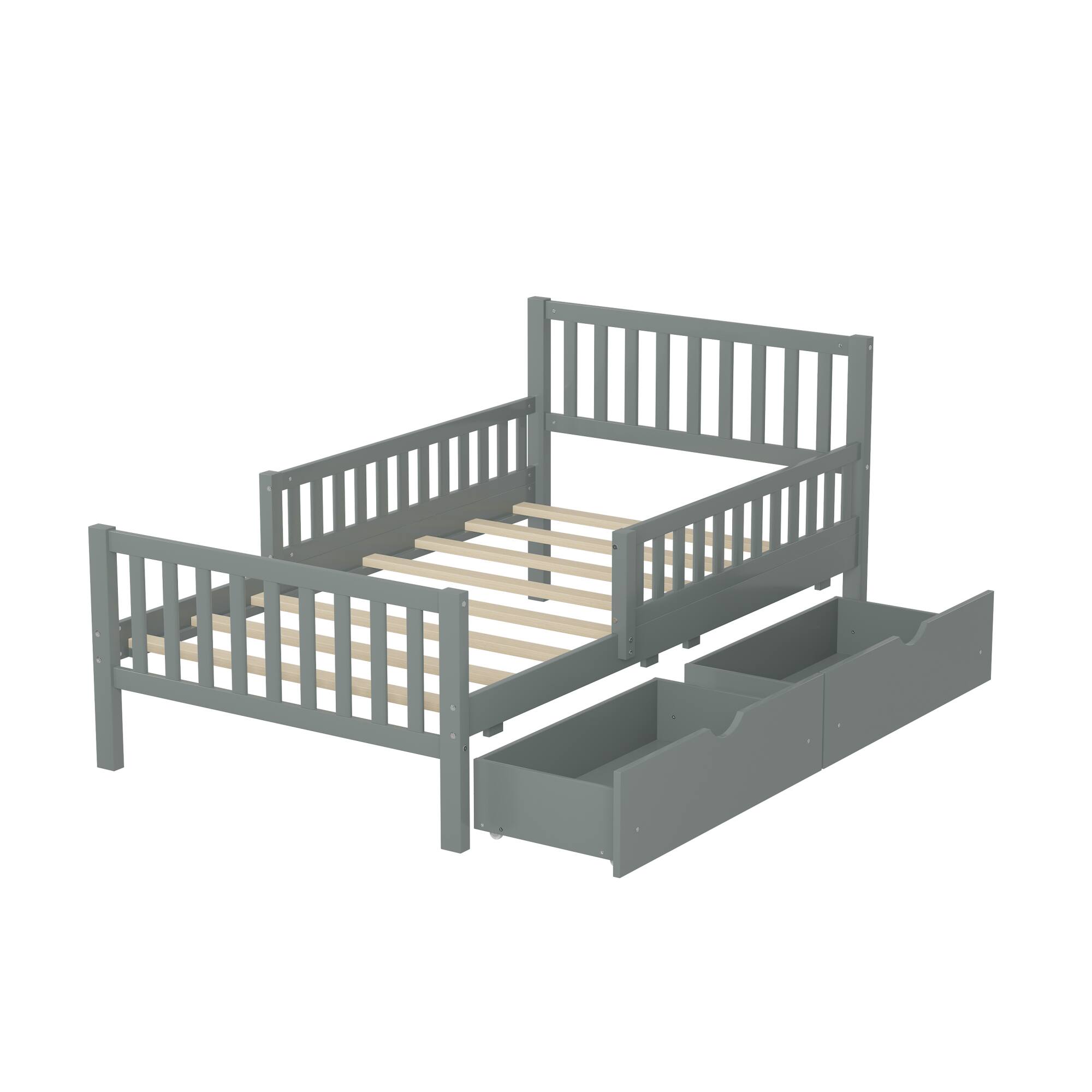 Alt View 2. GOODSILO - Twin Size Wood Platform Bed with Dual Guardrails and Underbed Storage Drawers for Enhanced Safety and Organization - Gray.