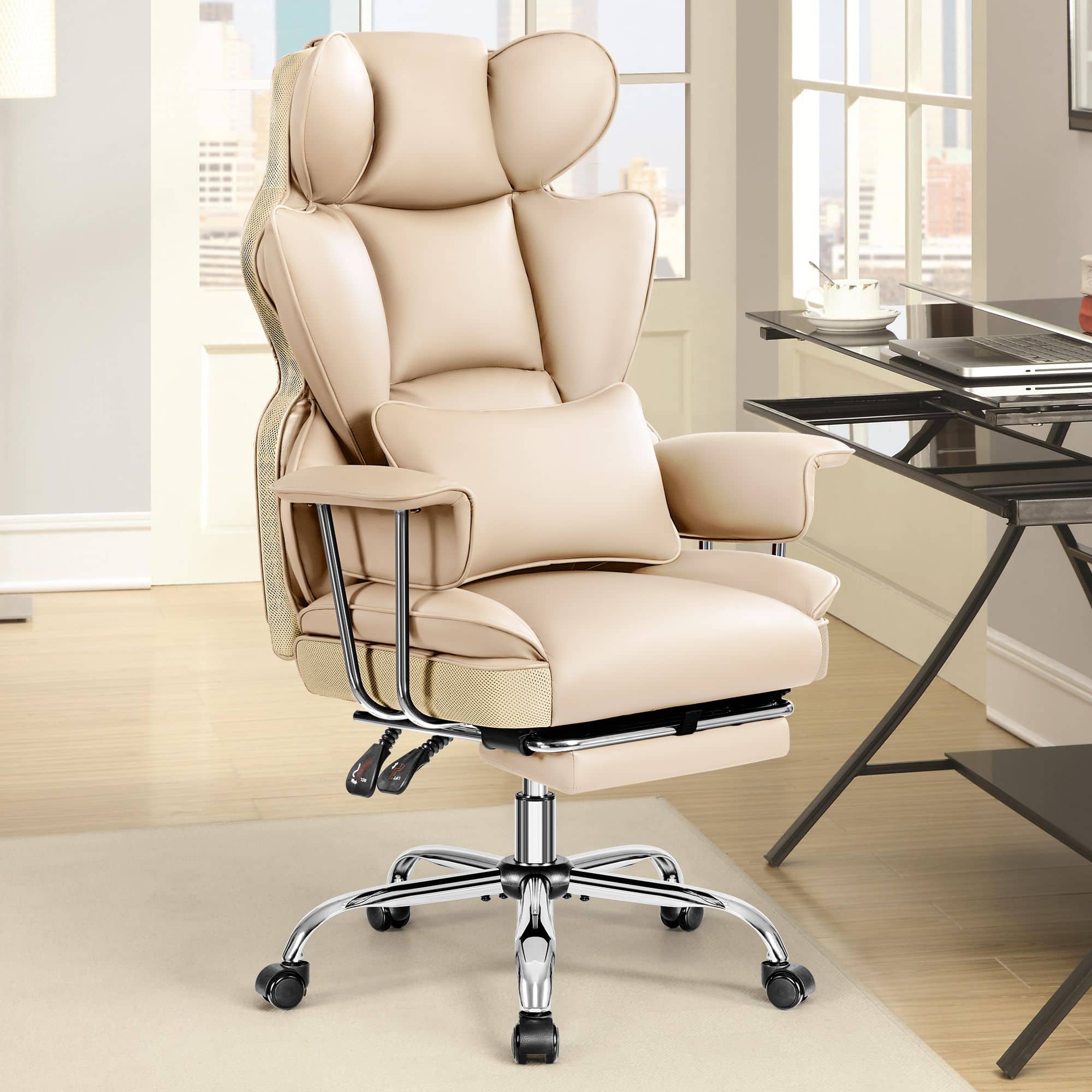 Brick Attic - 500LBS Big & Tall Office Chair, Leather Gaming Chair with Footrest, Adjustable Height & Lumbar Support - Beige
