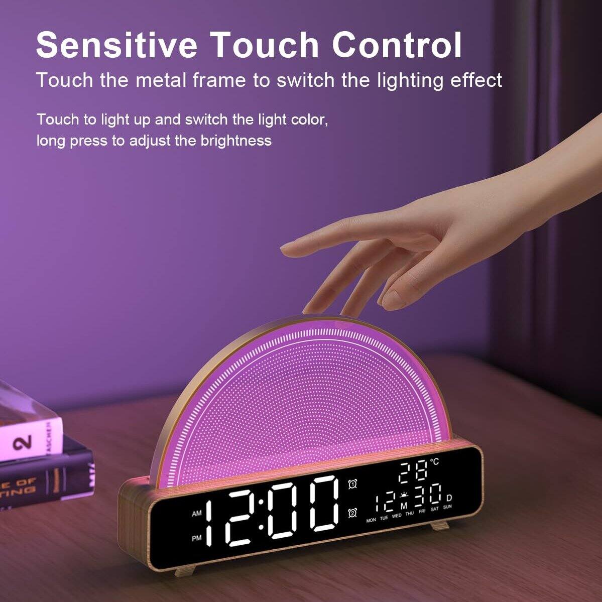 Sensitive Touch Control  
Touch the metal frame to switch the lighting effect  

Touch to light up and switch the light color, long press to adjust the brightness  

12:00 AM  
28°C  
12°30°  
MON TUE WED THU FRI SAT SUN
