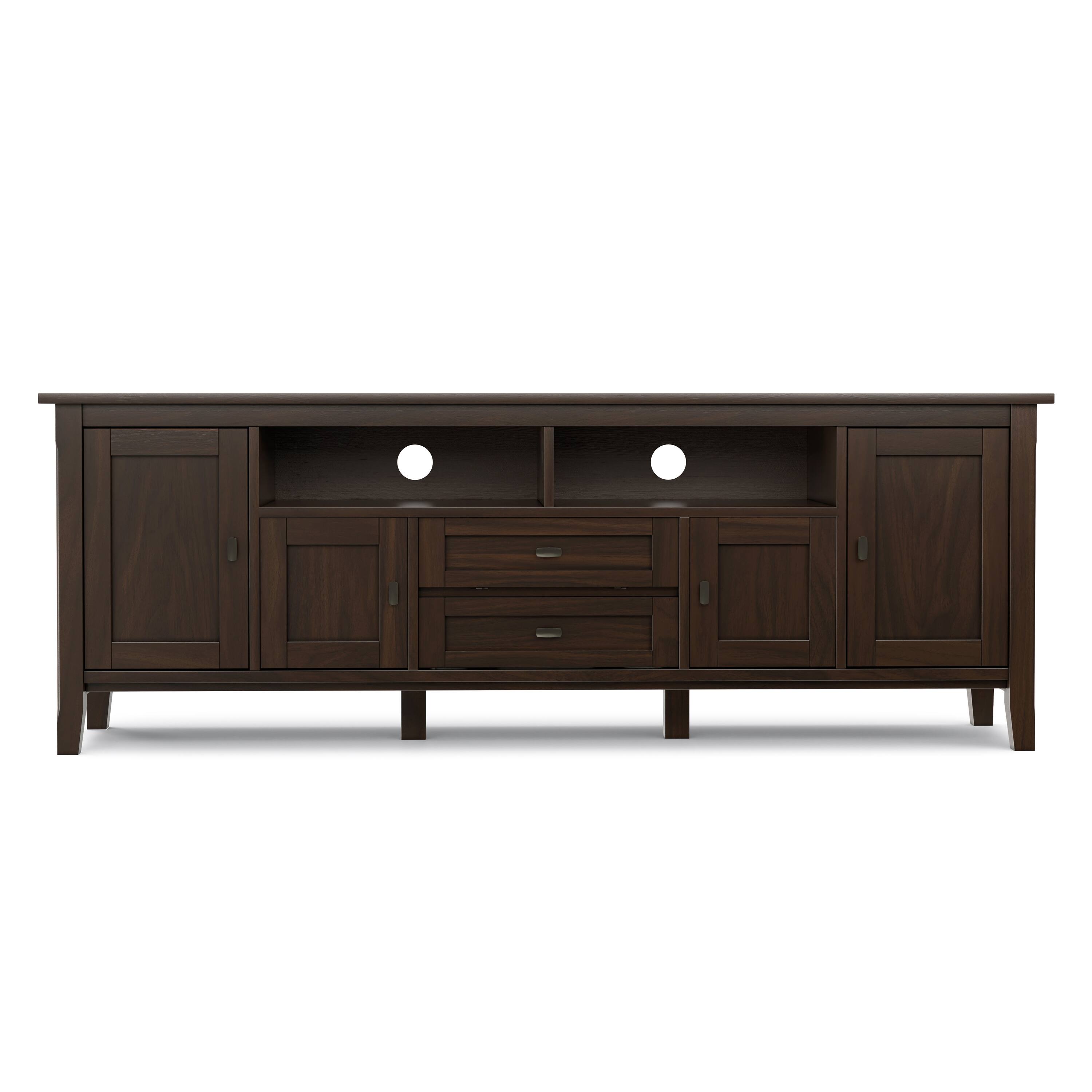 Back. Simpli Home - Warm Shaker 72W Low TV Stand with Drawers, Doors and Cubbies - Tobacco Brown.