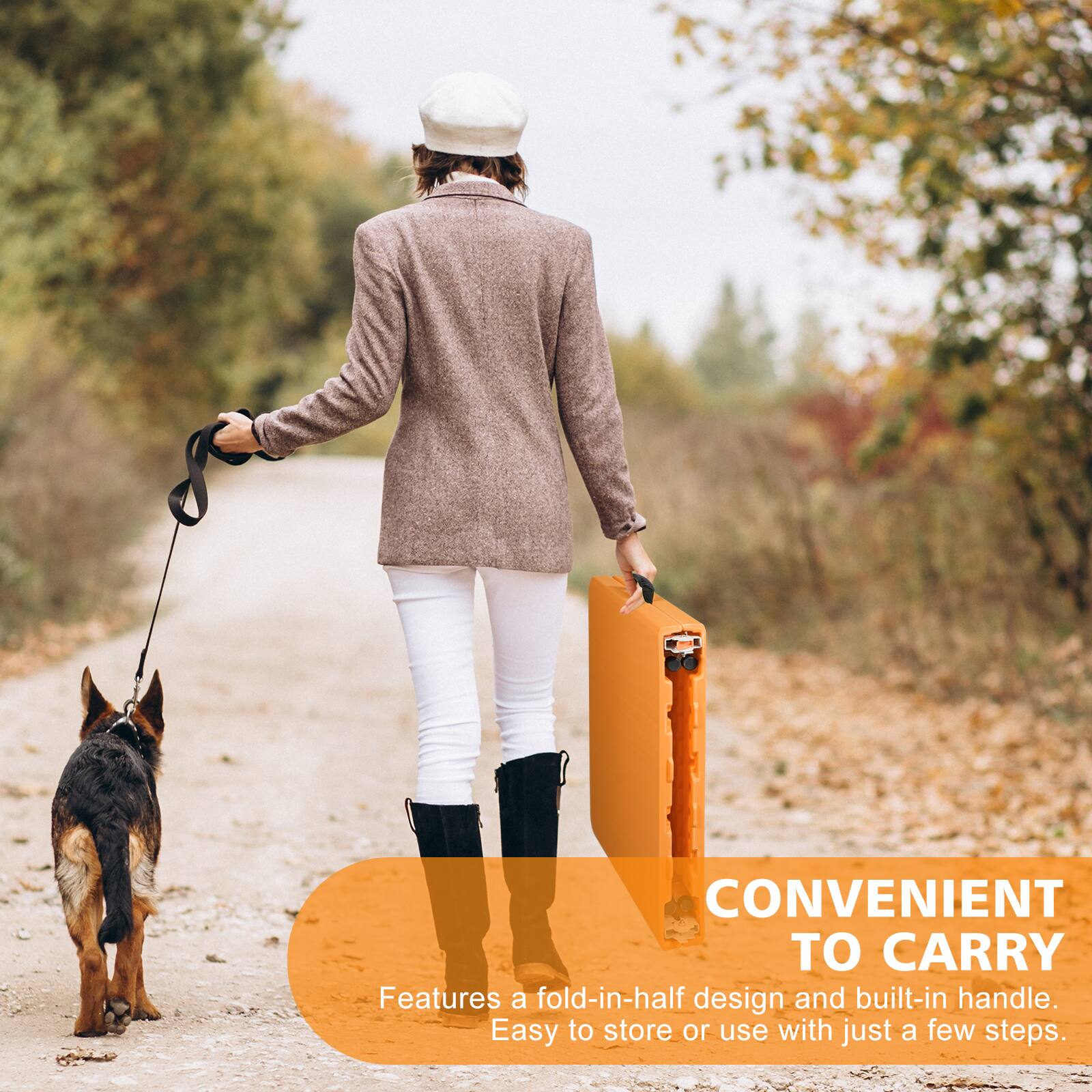 CONVENIENT TO CARRY  
Features a fold-in-half design and built-in handle. Easy to store or use with just a few steps.