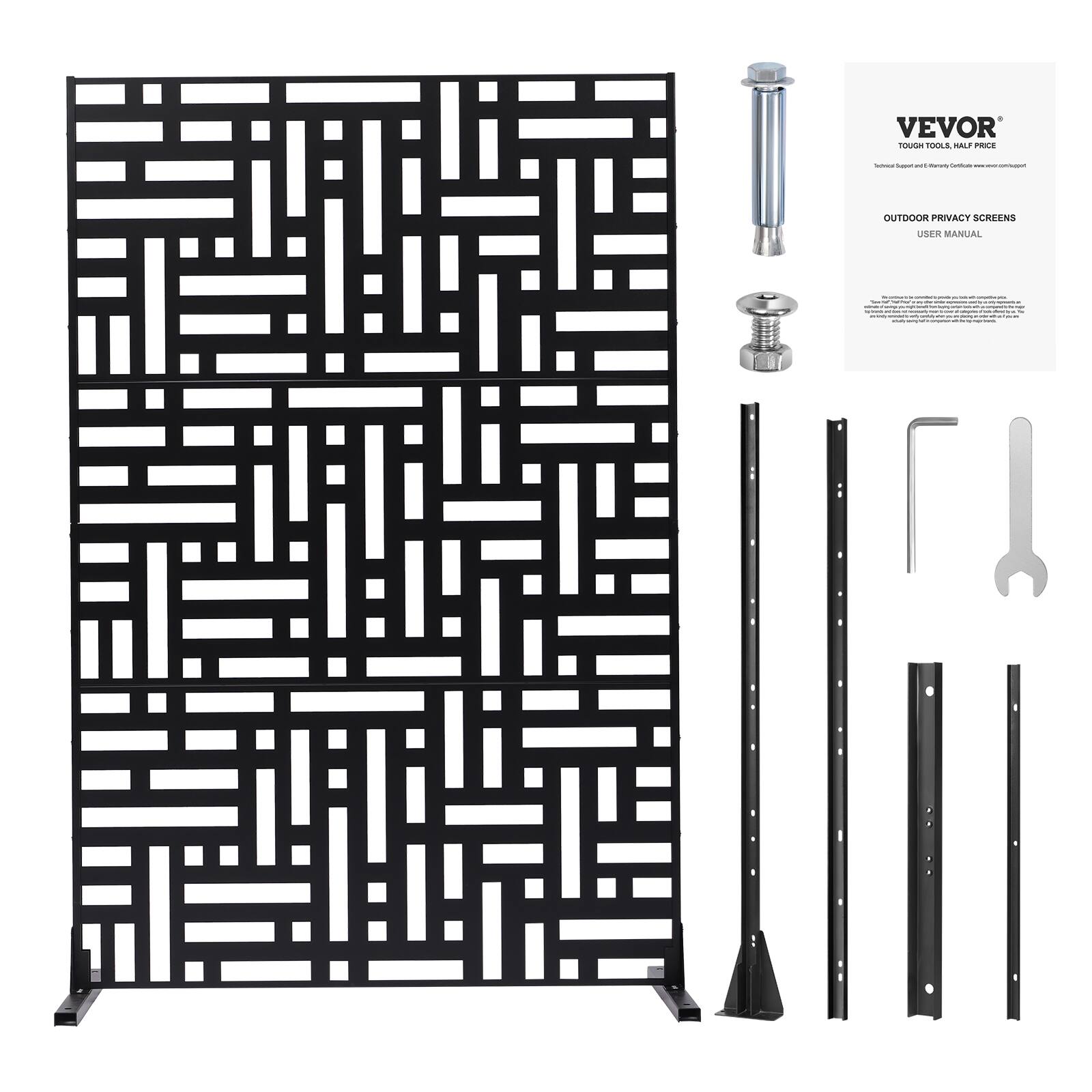 VEVOR  
TOUGH TOOLS, HALF PRICE  

OUTDOOR PRIVACY SCREENS  
USER MANUAL  

VEVOR  
TOUGH TOOLS, HALF PRICE  
Customer Support & Efficiency Calculator: www.vevor.com/support  

OUTDOOR PRIVACY SCREENS  
USER MANUAL  

[Text in the image is not fully legible, but it appears to be instructions or information related to the product.]