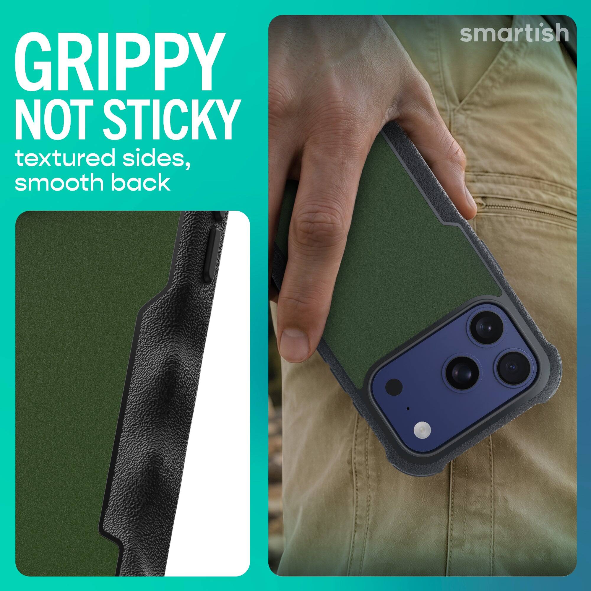 GRIPPY NOT STICKY  
textured sides, smooth back  
smartish