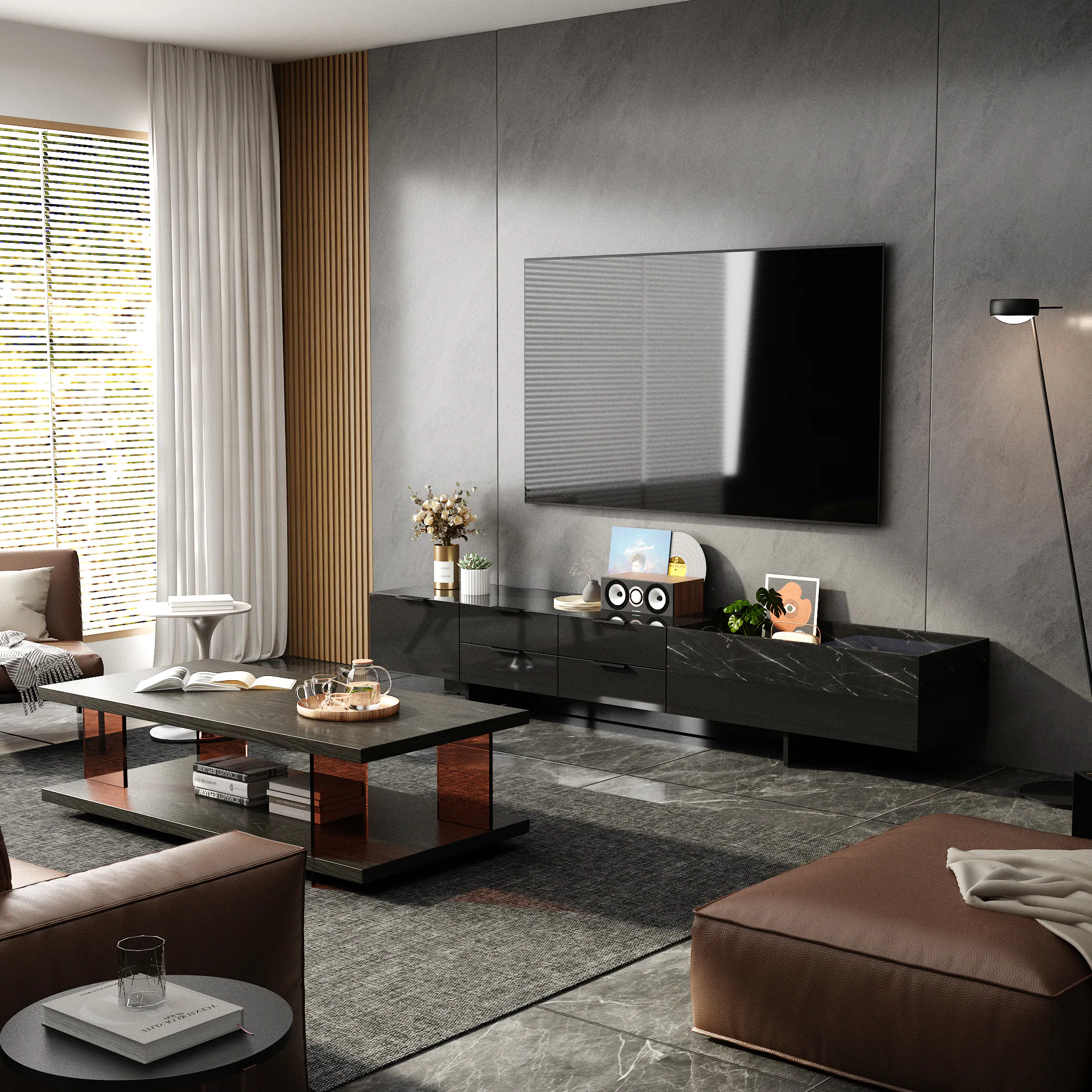 Alt View 8. FUFU & GAGA - Modern High-Gloss Marble TV Stand for 75-Inch TV – Luxury Entertainment Console with Ample Storage - Black.