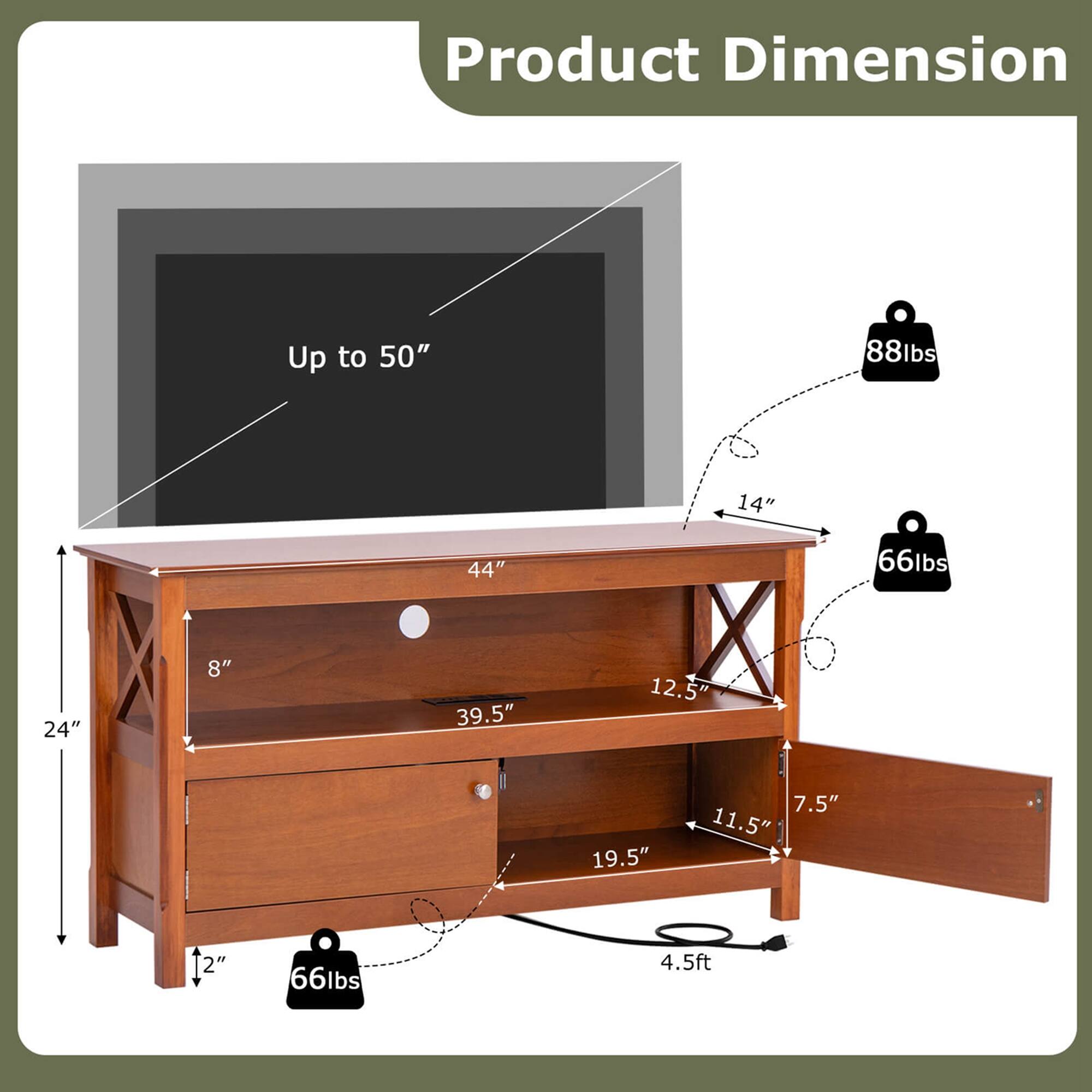 Product Dimension: Up to 50" TV, 88lbs, 14" x 44" x 66lbs, 24" x 8" x 39.5" x 12.5" x 19.5" x 7.5" x 11.5" x 12" x 2" x 66lbs, 4.5ft.