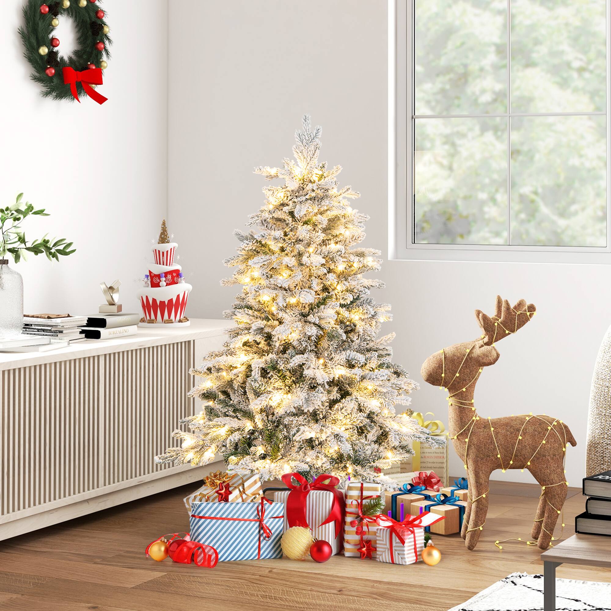 Gymax - 4.5 ft Pre-Lit Artificial Christmas Tree Snow Flocked Hinged Xmas Tree w/ LED Lights - Green, White