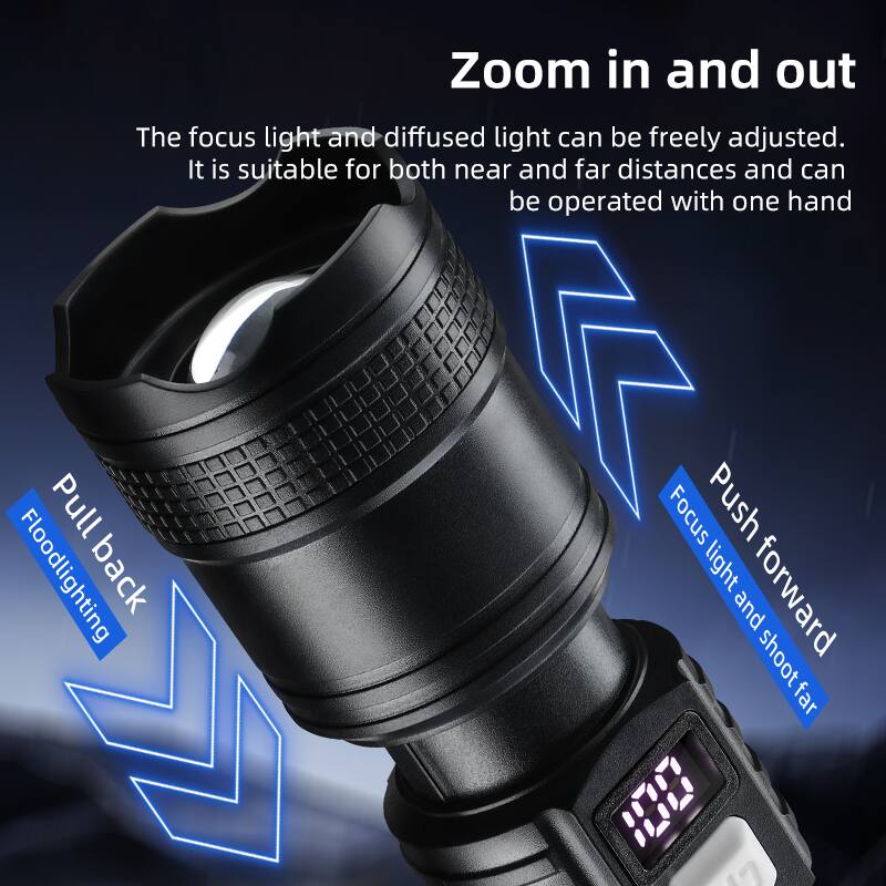 Zoom in and out

The focus light and diffused light can be freely adjusted. It is suitable for both near and far distances and can be operated with one hand.

Pull back  
Floodlighting

Push forward  
Focus light and shoot far