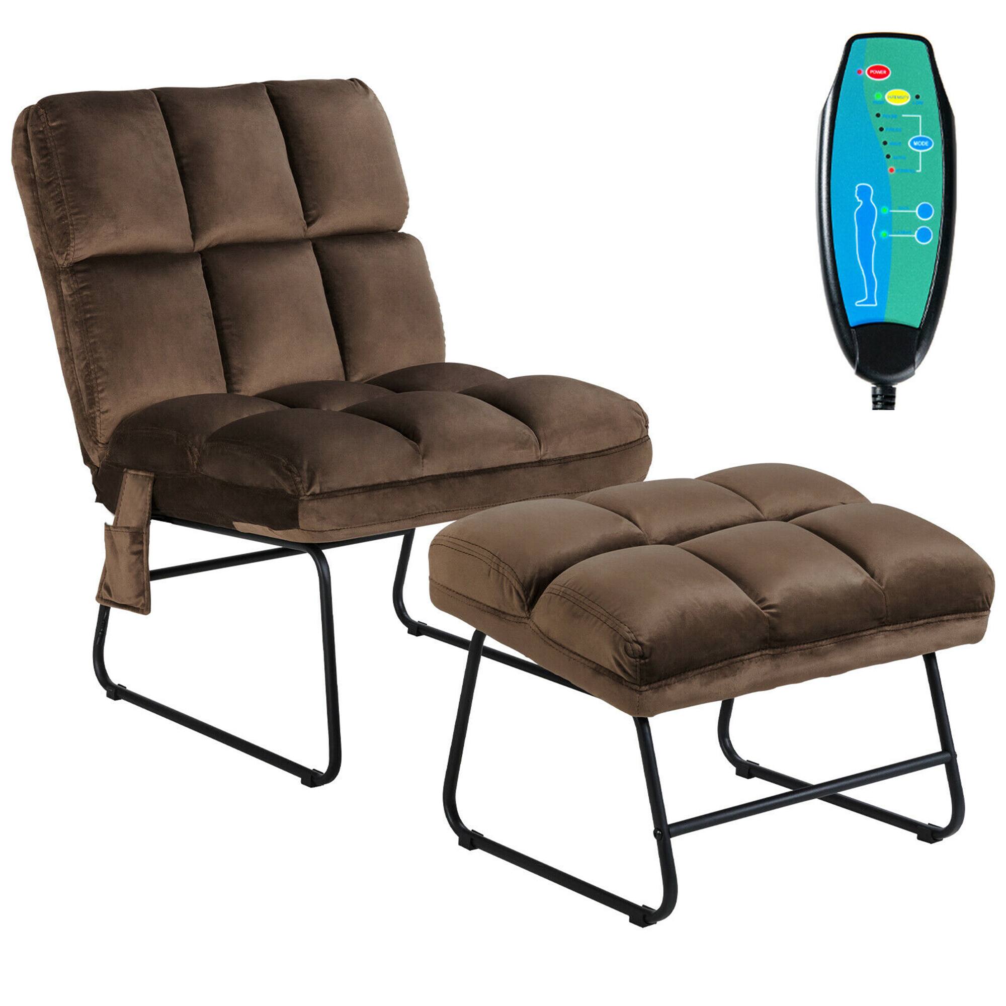 Costway - Massage Chair Velvet Accent Sofa Chair w/ Ottoman & Remote Control Brown - Brown