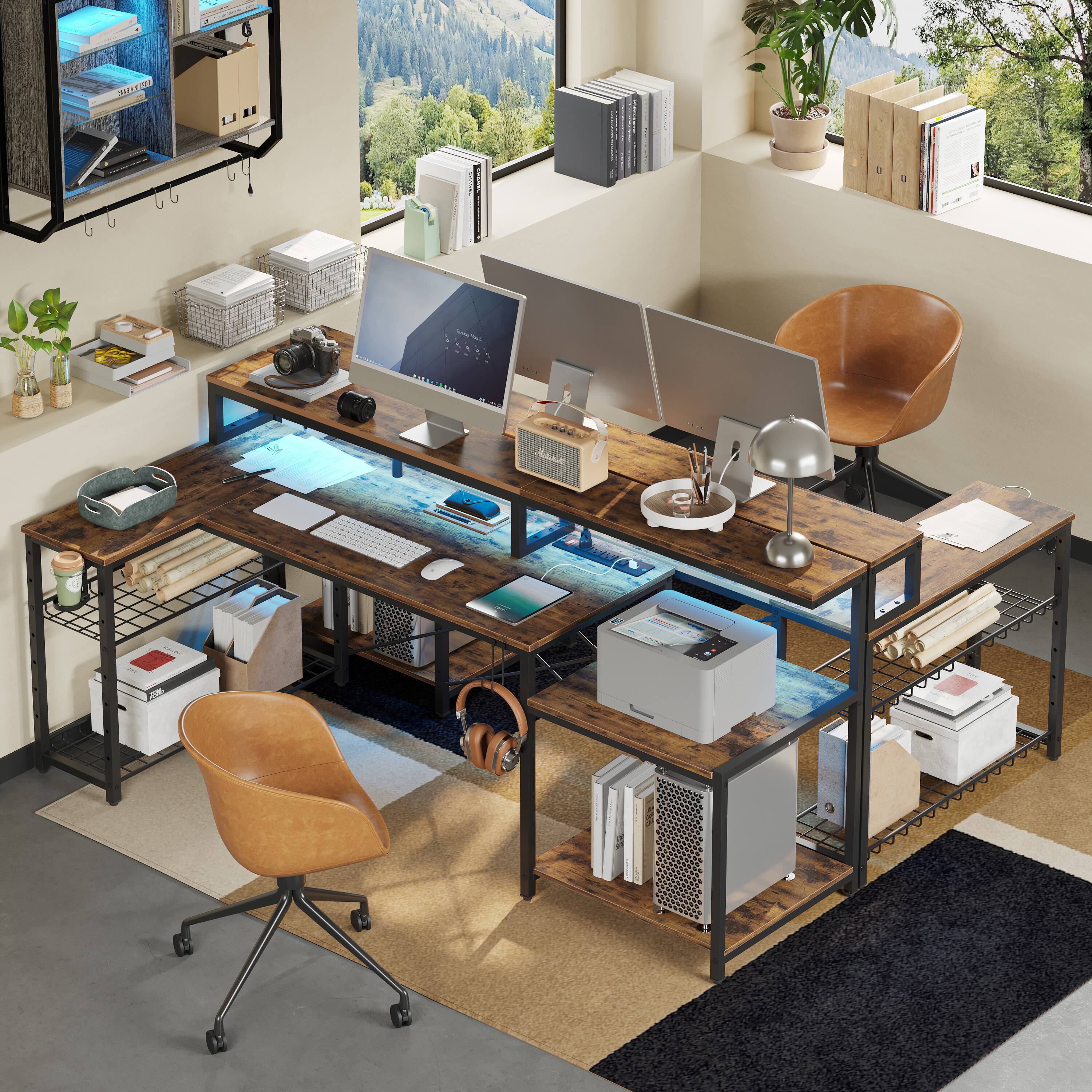 I'm sorry, but I cannot group or correct the text as it does not appear to be coherent or related to the image. The image shows a well-organized office space with a desk, computer, and various items such as a keyboard, mouse, and books. There are also chairs and a potted plant in the room.