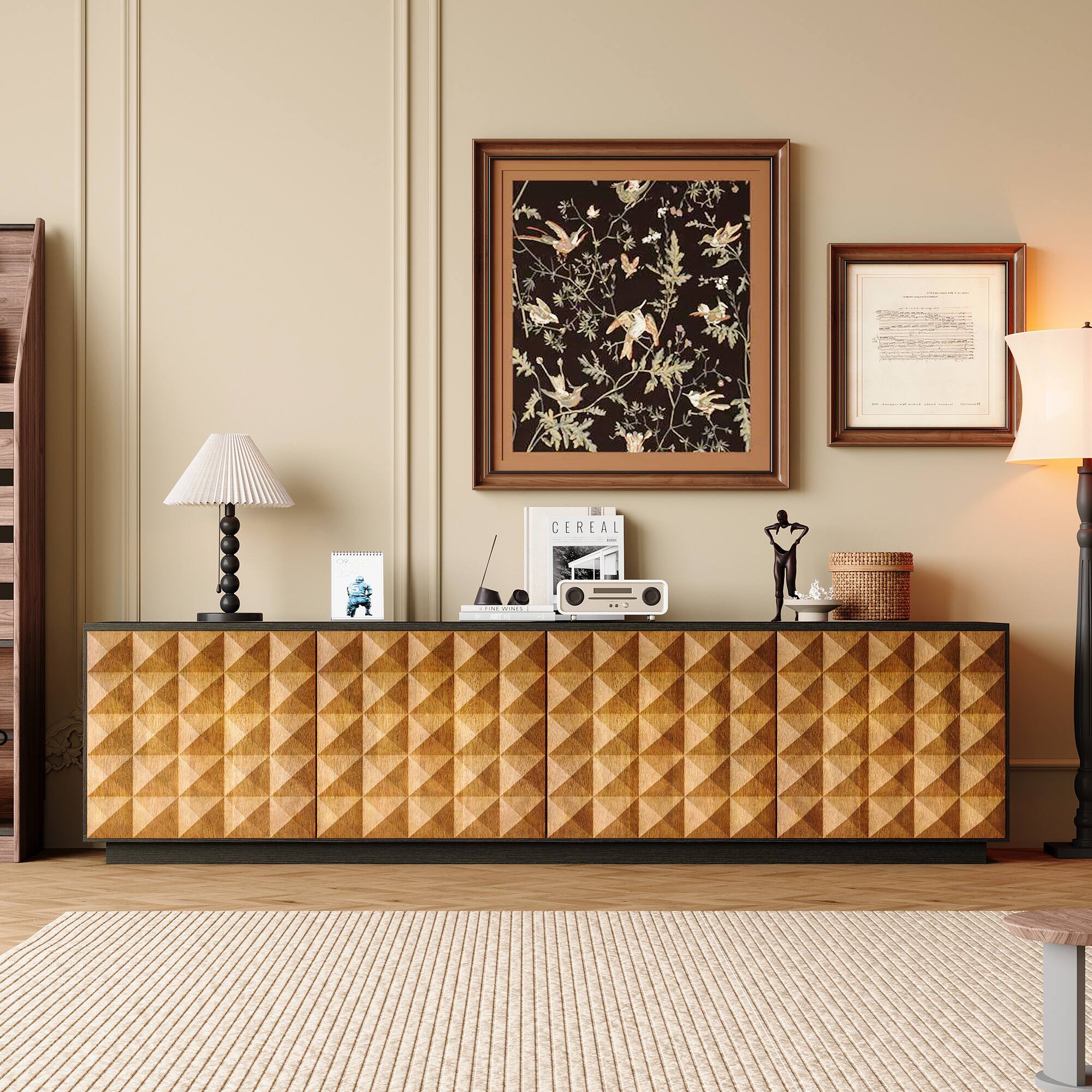 Angle. luck idea - Medieval Modern 87.79 Inch Tv Stand With Storage Cabinets And Adjustable Shelves, Living Room Storage Cabinet - Black.