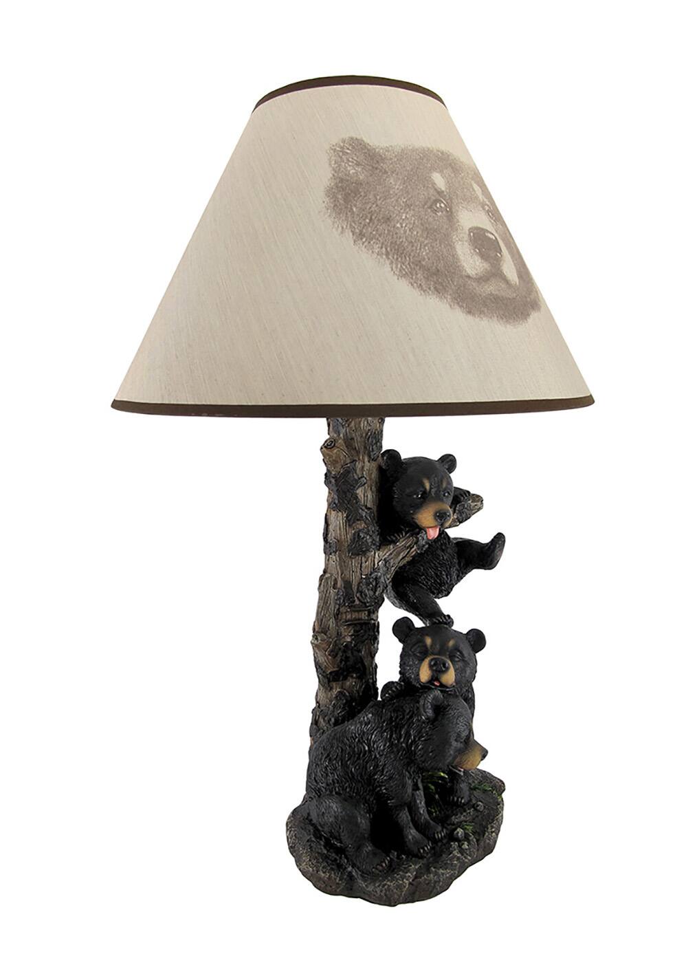 Alt View 1. Zeckos - Black Bear Family Table Lamp W/ Tree Bark Print Shade Western Décor - Black.