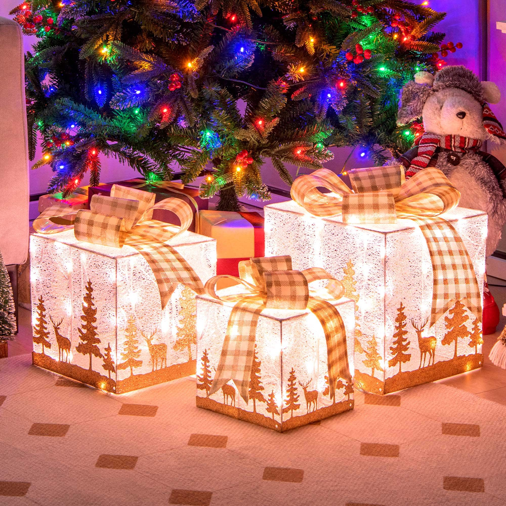 Costway Set of 3 Pre-Lit Christmas Gift Boxes Lighted Present Decoration with 100 Lights - Gold/White