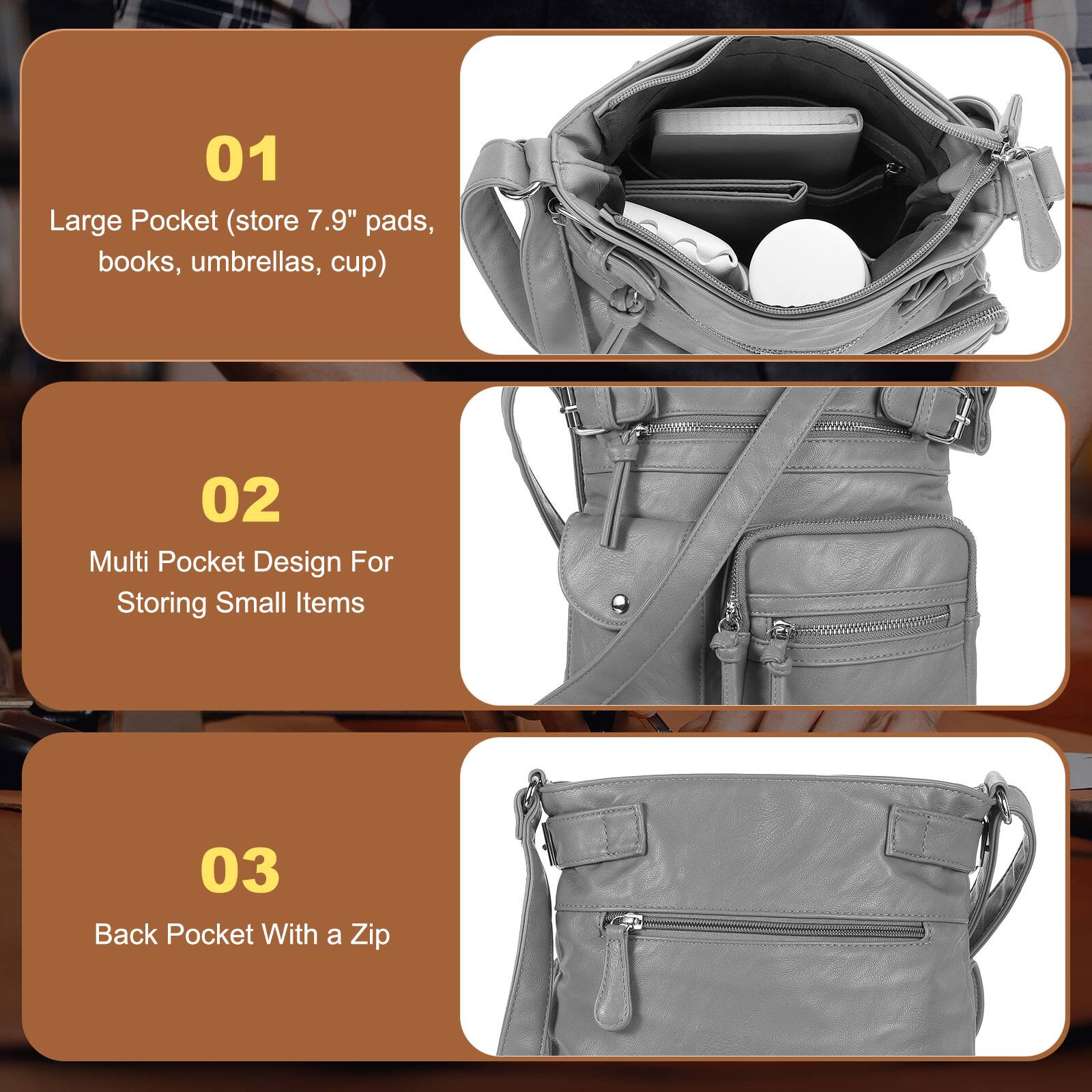 01 Large Pocket (store 7.9" pads, books, umbrellas, cup)  
02 Multi Pocket Design For Storing Small Items  
03 Back Pocket With a Zip