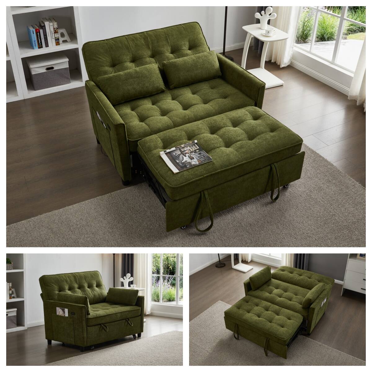 Front. Tiramisubest - 55inch Sleeper Sofa Bed, Convertible Pull Out Couch with Adjustable Backrest for Bedroom & Living Room (Green) - Green.