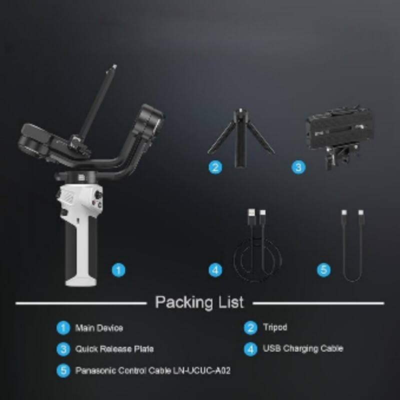 1. Main Device  
2. Tripod  
3. Quick Release Plate  
4. USB Charging Cable  
5. Panasonic Control Cable LN-UCUC-A02