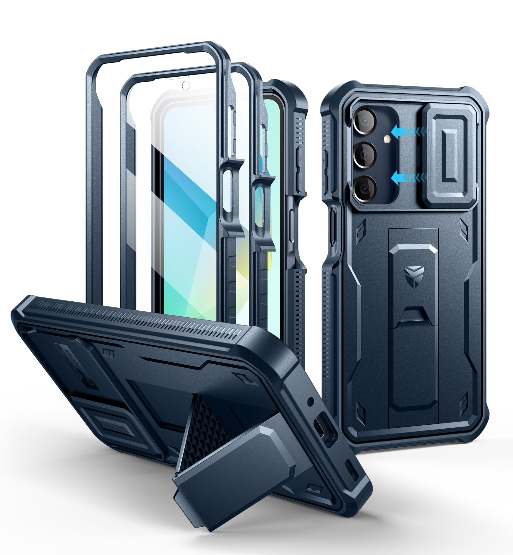 Front. dexnor - Dexnor Phone Case for Galaxy A16, Camera Cover, Kickstand, Protection with 2 Front Frame Screen Protector,Navy Blue - Navy Blue.