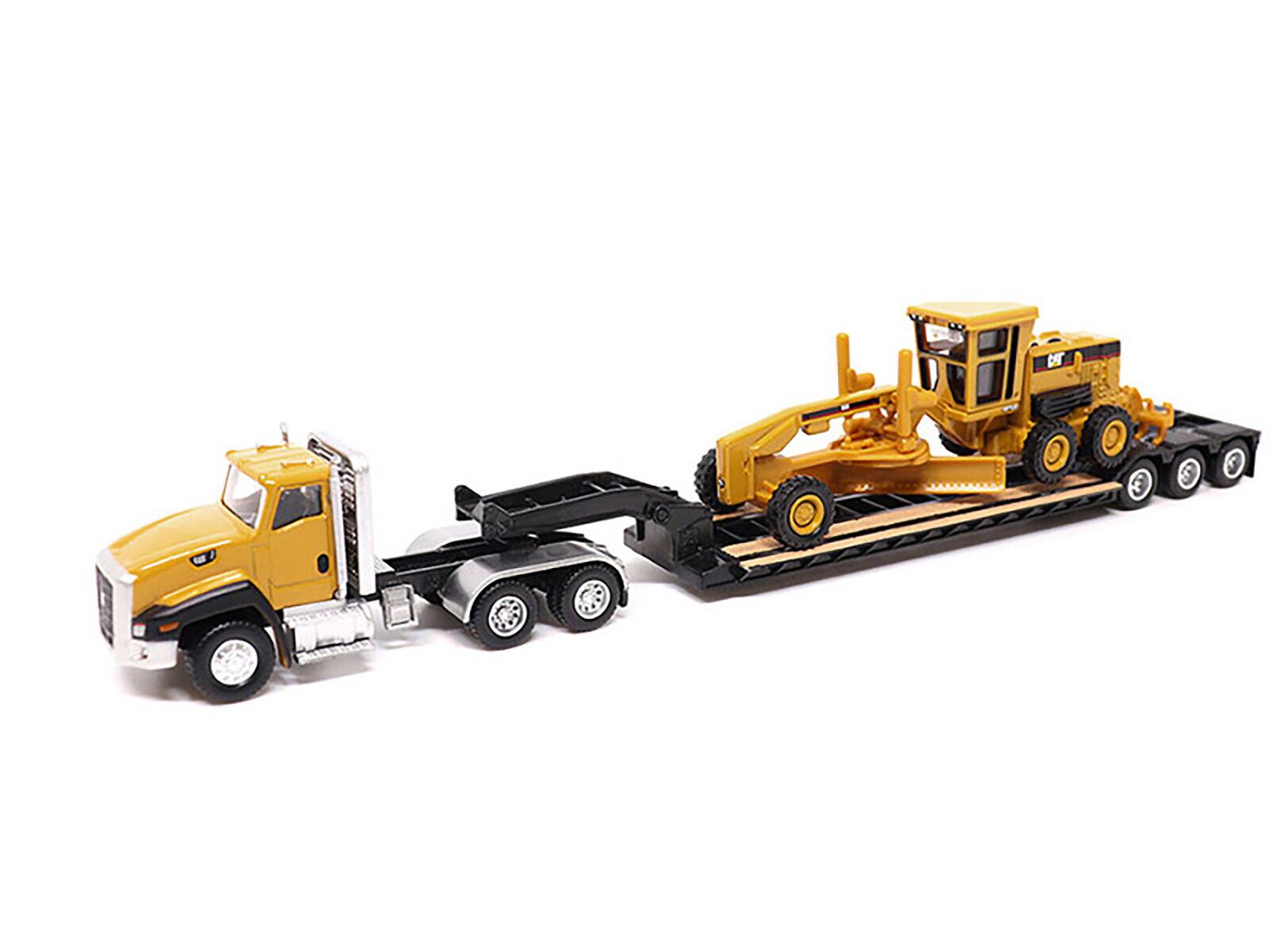 Angle. Diecast Masters - CAT Caterpillar CT660 Day Cab Tractor Yellow with Lowboy Trailer and CAT 163H Motor Grader Yellow 1/87 (HO) Diecast - Yellow .