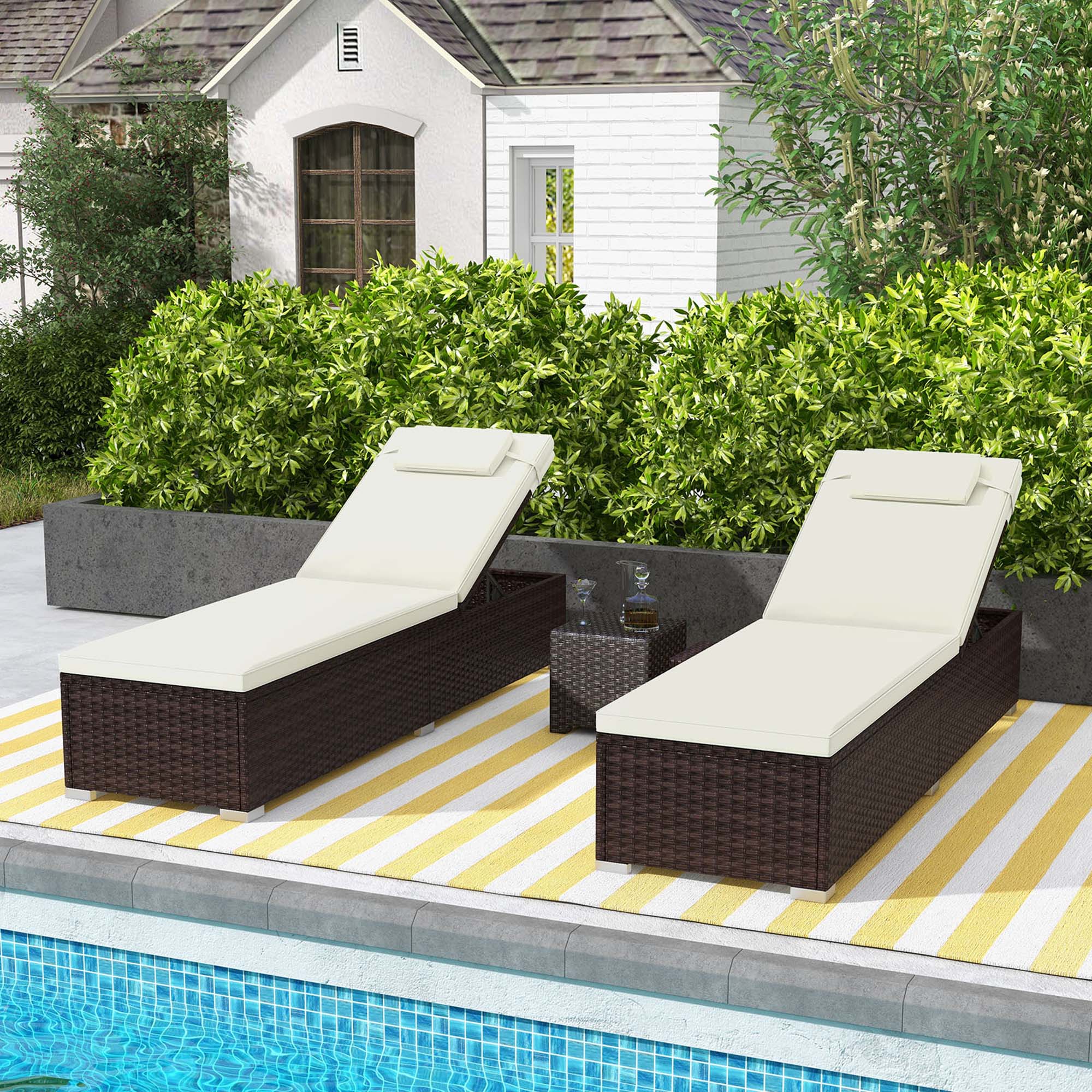 Alt View 1. Costway - 2 PCS Patio Chaise Lounge with 6-level Backrest, Comfy Seat Cushion & Headrest - Mix Brown + Off White.